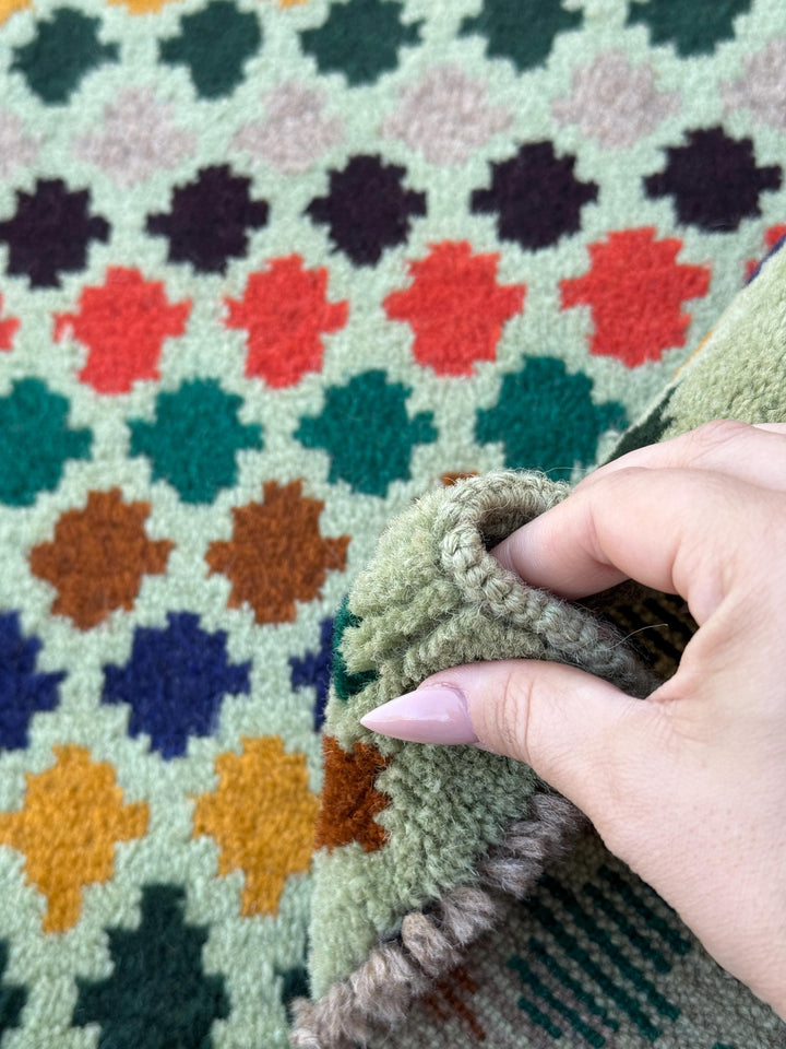 4x7 Handmade Vintage Afghan Baluch Rug | Mint Forest Pine Green Mustard Yellow Gold Copper Brown LIght Grey Black Burnt Orange Brick Red