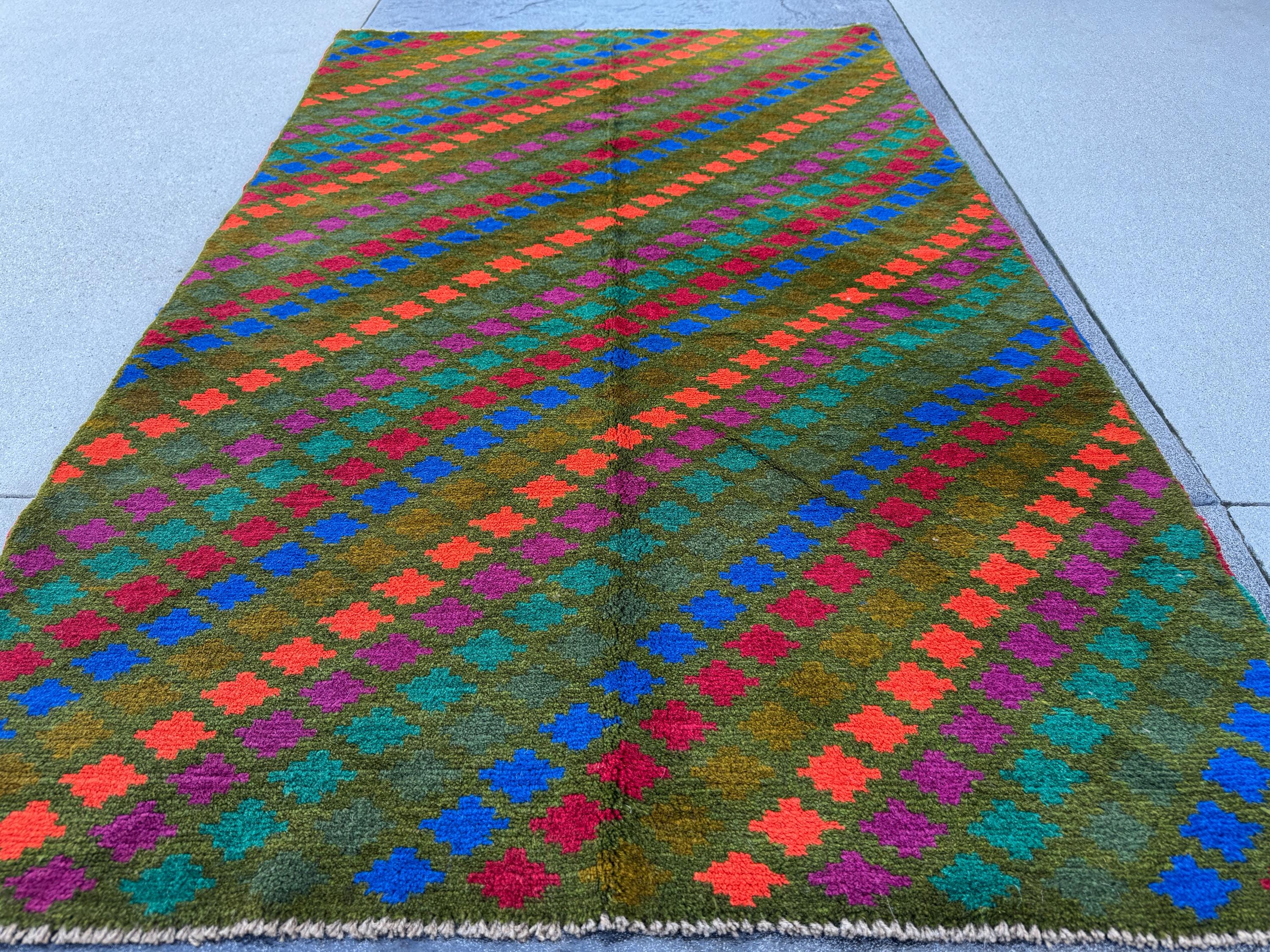 4x6 Handmade Vintage Afghan Baluch Rug | Moss Olive Forest Pine Green Brick Red Magenta Burnt Orange Navy Blue | Wool Flatwoven