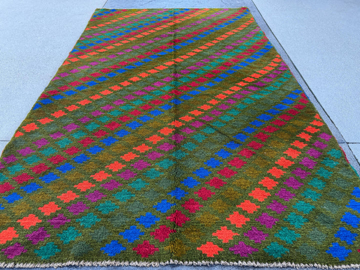 4x6 Handmade Vintage Afghan Baluch Rug | Moss Olive Forest Pine Green Brick Red Magenta Burnt Orange Navy Blue | Wool Flatwoven