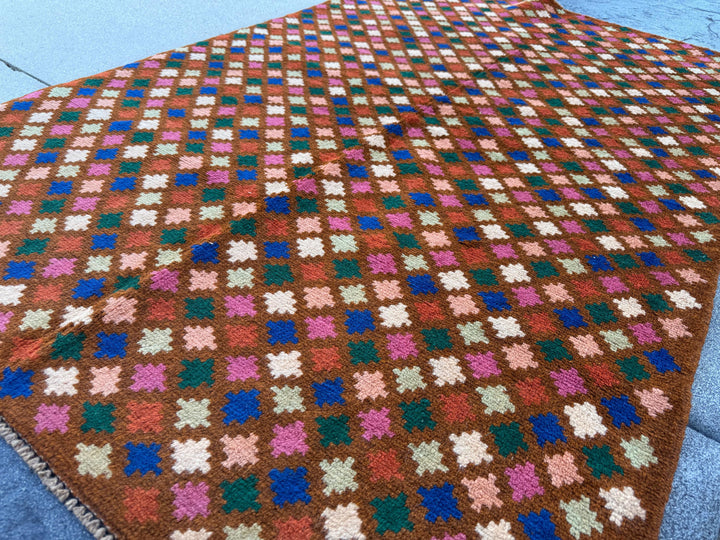 4x6 Handmade Vintage Afghan Baluch Rug | Chocolate Brown Navy Blue White Forest Mint Green Burnt Orange Rose Salmon Pink Peach | Wool