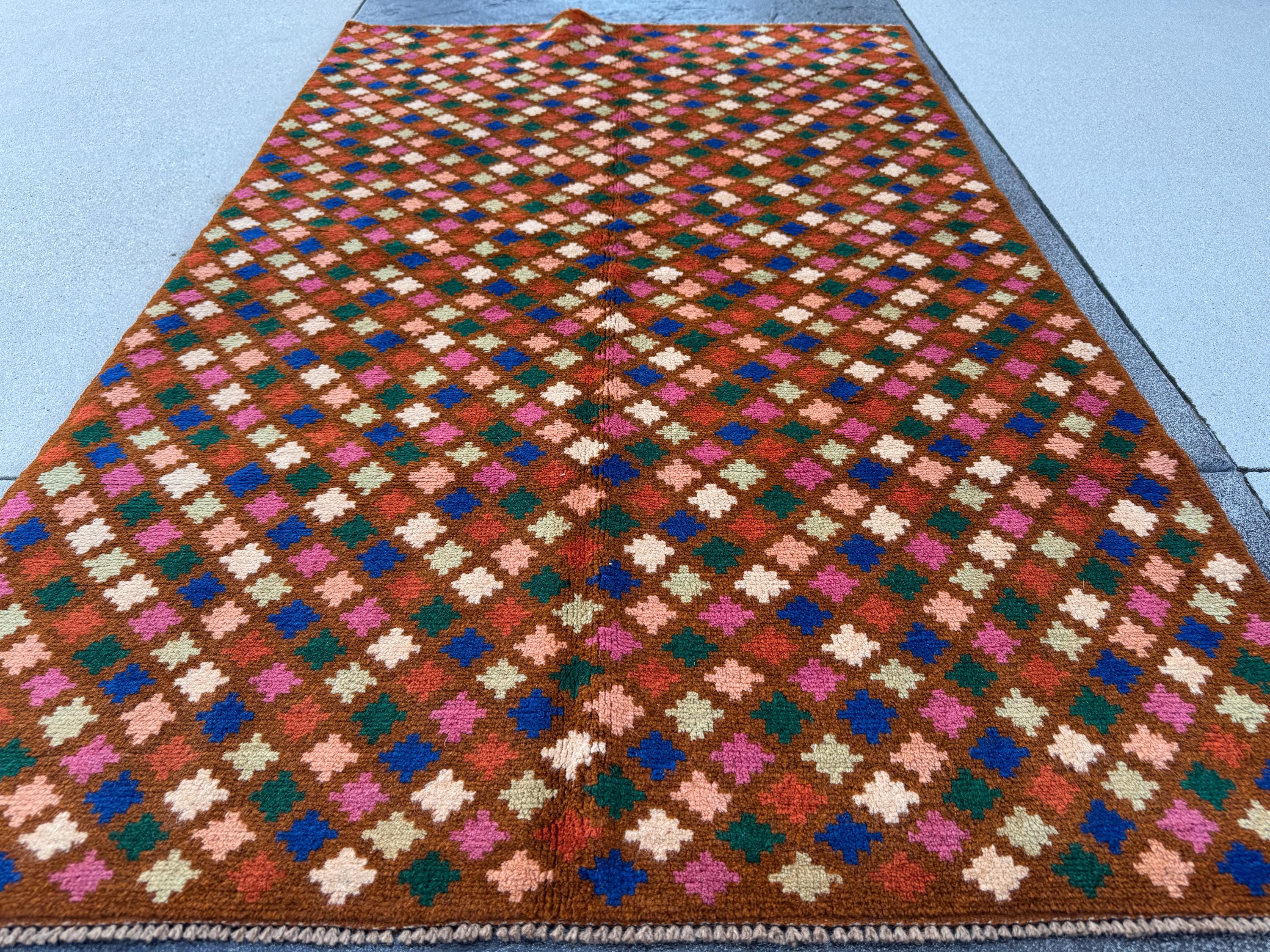 4x6 Handmade Vintage Afghan Baluch Rug | Chocolate Brown Navy Blue White Forest Mint Green Burnt Orange Rose Salmon Pink Peach | Wool