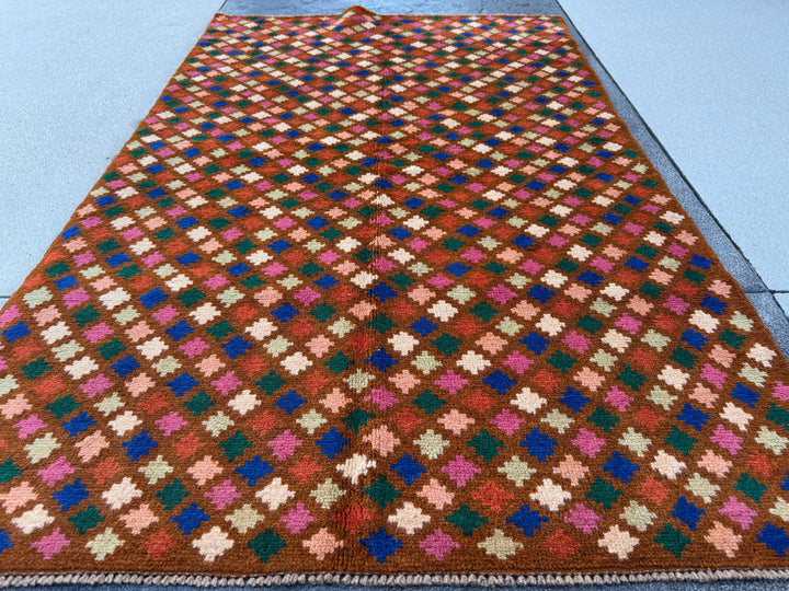 4x6 Handmade Vintage Afghan Baluch Rug | Chocolate Brown Navy Blue White Forest Mint Green Burnt Orange Rose Salmon Pink Peach | Wool