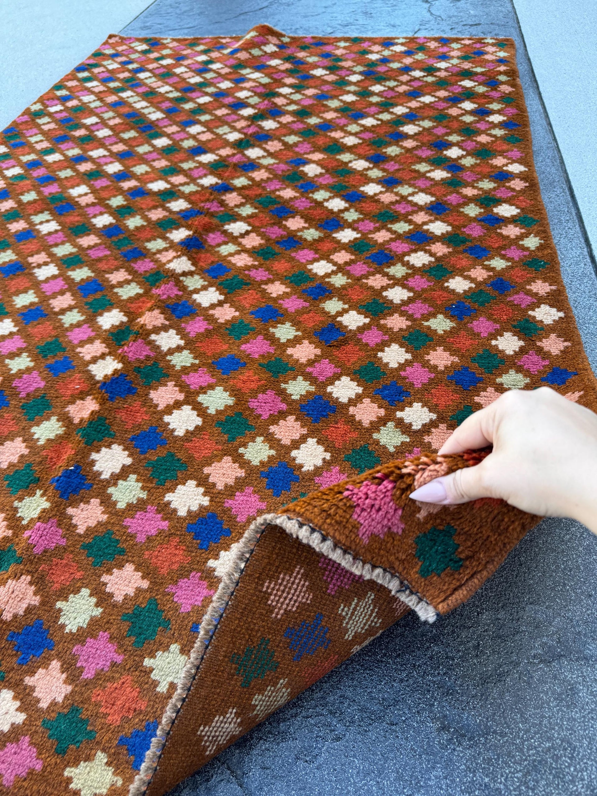 4x6 Handmade Vintage Afghan Baluch Rug | Chocolate Brown Navy Blue White Forest Mint Green Burnt Orange Rose Salmon Pink Peach | Wool