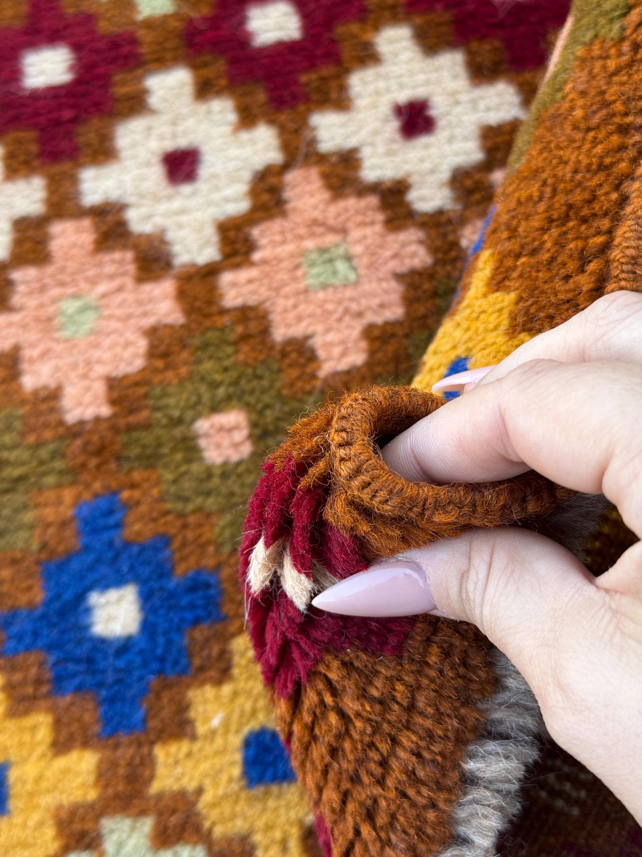4x6 Handmade Vintage Afghan Baluch Rug | Chocolate Brown Navy Blue White Olive Mint Green Brick Red Salmon Pink Peach Mustard Yellow Gold
