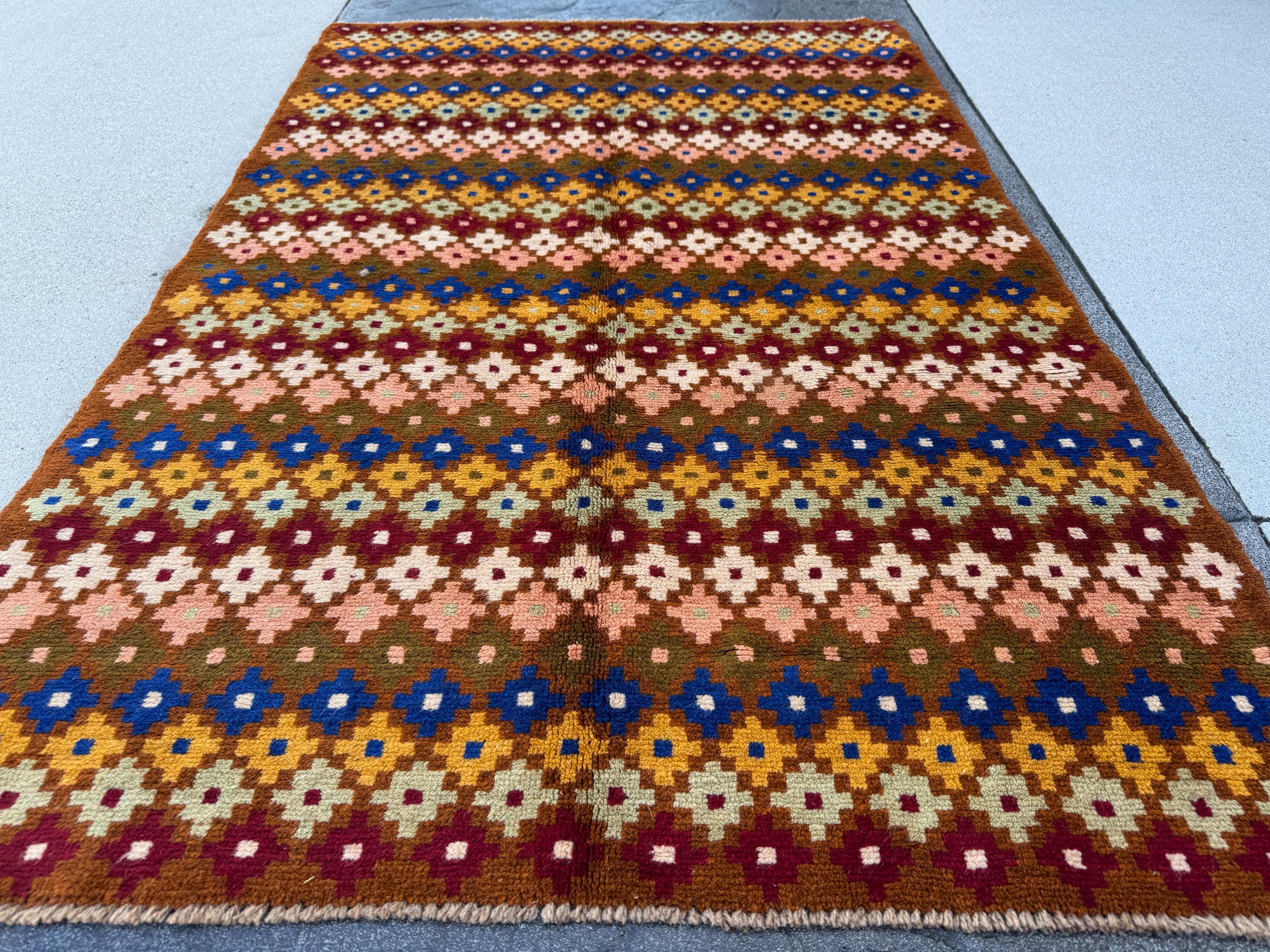 4x6 Handmade Vintage Afghan Baluch Rug | Chocolate Brown Navy Blue White Olive Mint Green Brick Red Salmon Pink Peach Mustard Yellow Gold