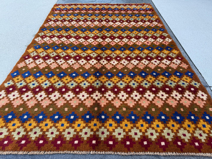 4x6 Handmade Vintage Afghan Baluch Rug | Chocolate Brown Navy Blue White Olive Mint Green Brick Red Salmon Pink Peach Mustard Yellow Gold