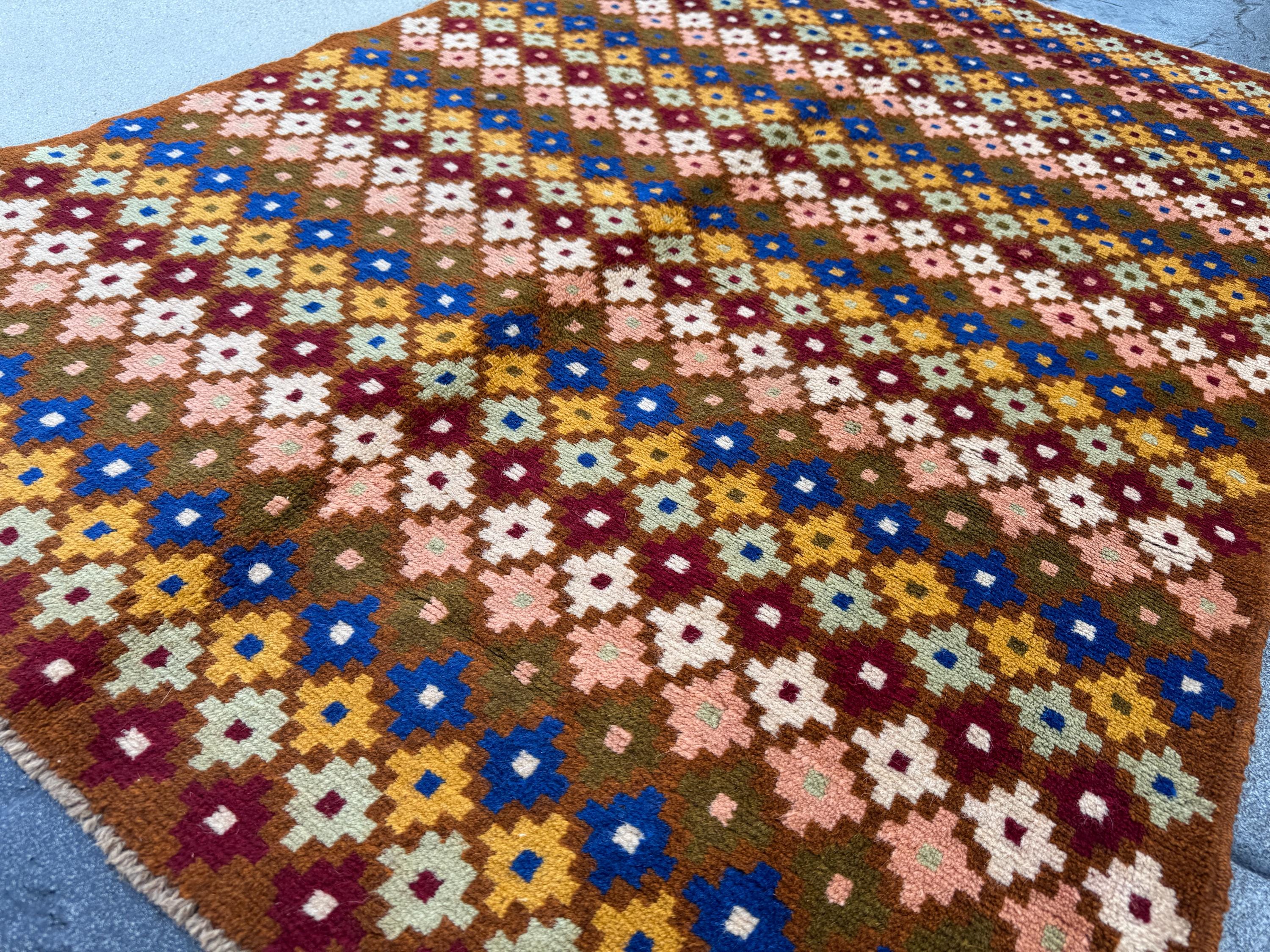 4x6 Handmade Vintage Afghan Baluch Rug | Chocolate Brown Navy Blue White Olive Mint Green Brick Red Salmon Pink Peach Mustard Yellow Gold