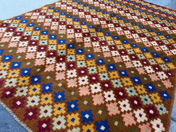 4x6 Handmade Vintage Afghan Baluch Rug | Chocolate Brown Navy Blue White Olive Mint Green Brick Red Salmon Pink Peach Mustard Yellow Gold