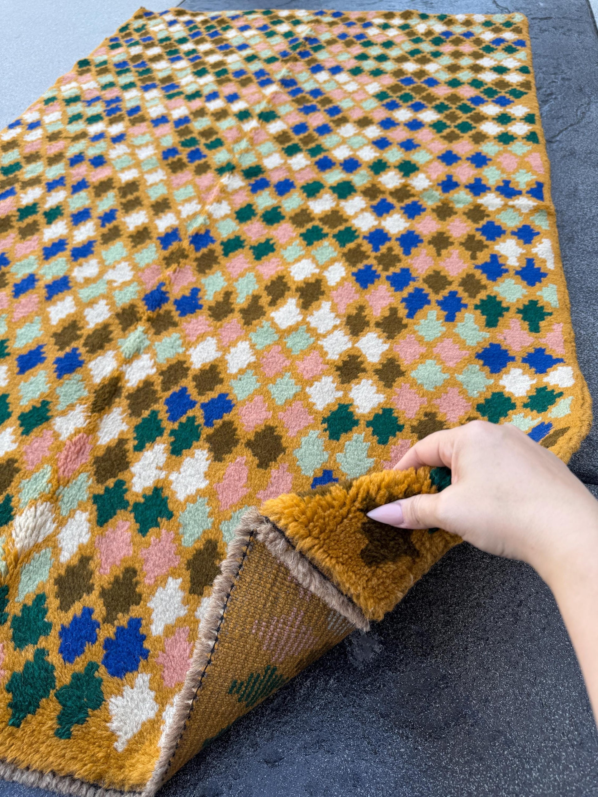 4x6 Handmade Vintage Afghan Baluch Rug | Mustard Yellow Olive Forest Mint Green Salmon Pink Peach Navy Blue White | Wool Flatwoven