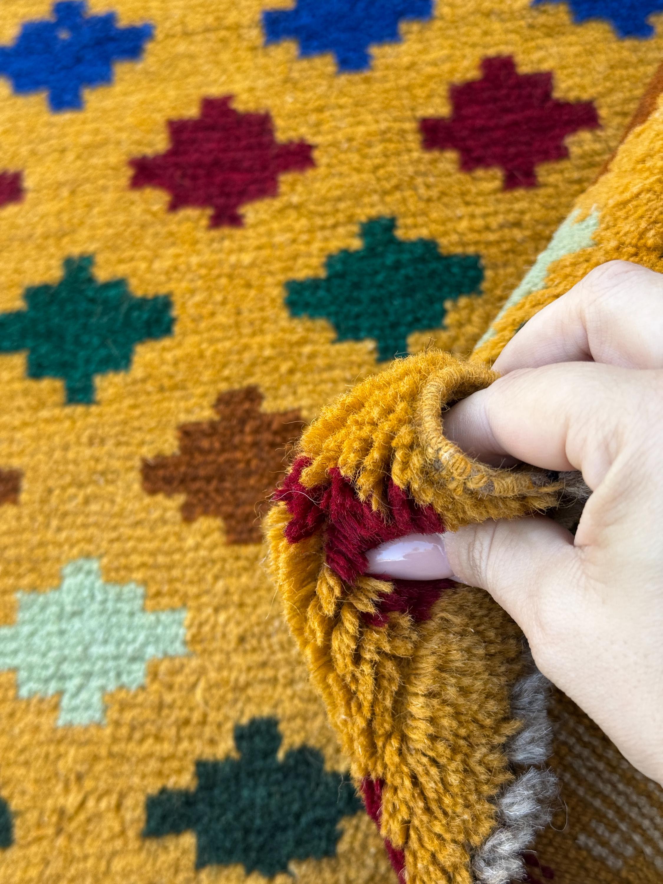 4x6 Handmade Vintage Afghan Baluch Rug | Mustard Yellow Gold White Navy Blue Brick Red Forest Pine Mint Green Chocolate Copper Brown | Wool