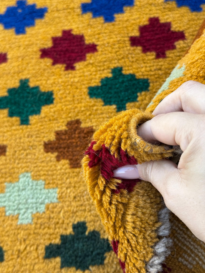 4x6 Handmade Vintage Afghan Baluch Rug | Mustard Yellow Gold White Navy Blue Brick Red Forest Pine Mint Green Chocolate Copper Brown | Wool