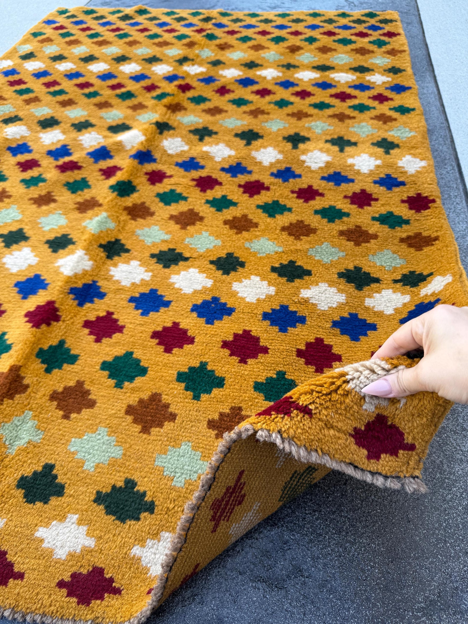 4x6 Handmade Vintage Afghan Baluch Rug | Mustard Yellow Gold White Navy Blue Brick Red Forest Pine Mint Green Chocolate Copper Brown | Wool