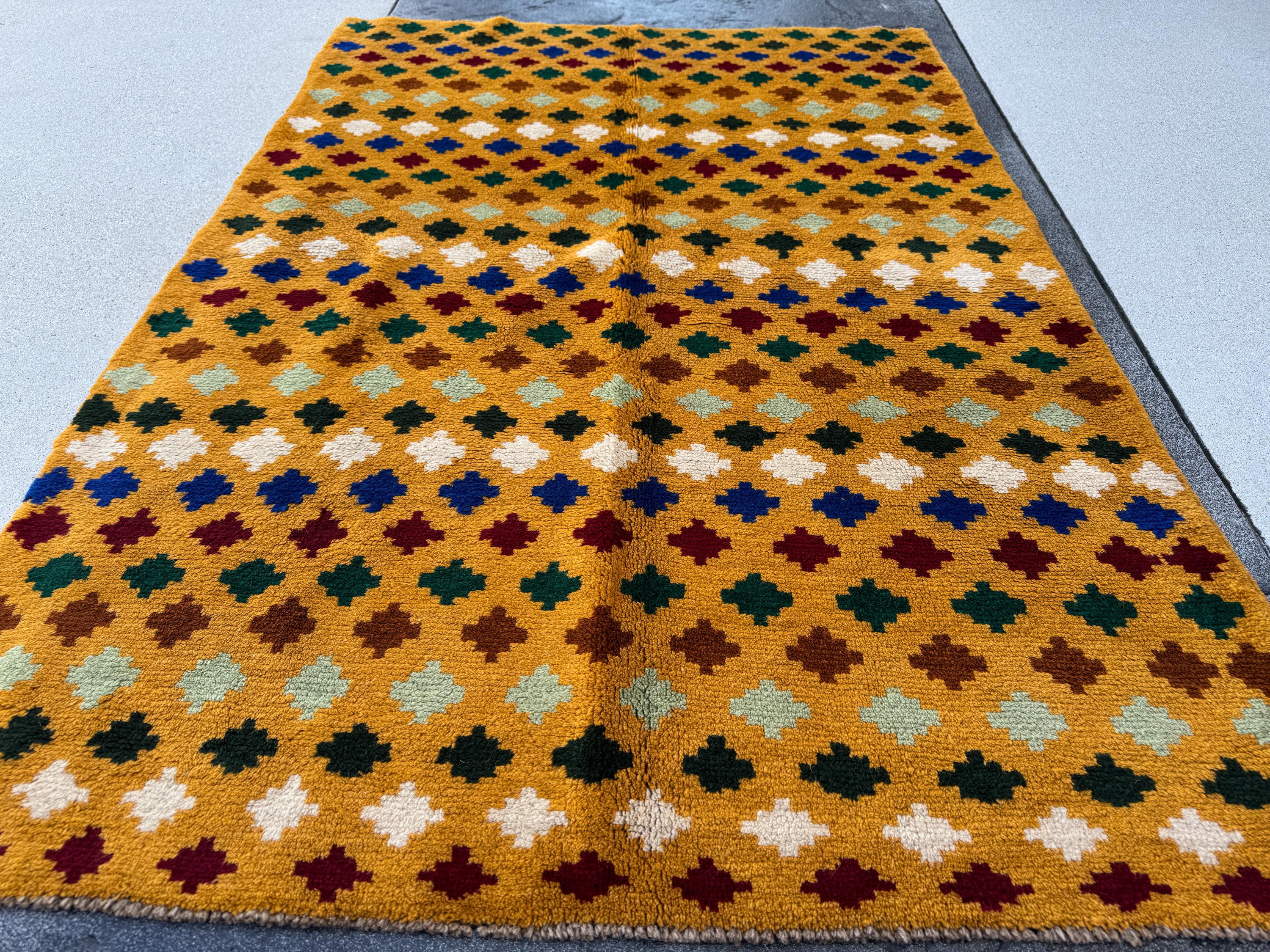 4x6 Handmade Vintage Afghan Baluch Rug | Mustard Yellow Gold White Navy Blue Brick Red Forest Pine Mint Green Chocolate Copper Brown | Wool