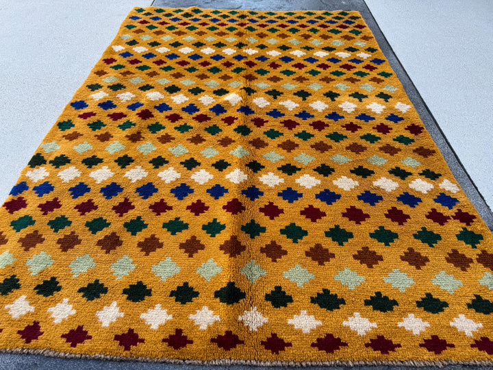 4x6 Handmade Vintage Afghan Baluch Rug | Mustard Yellow Gold White Navy Blue Brick Red Forest Pine Mint Green Chocolate Copper Brown | Wool