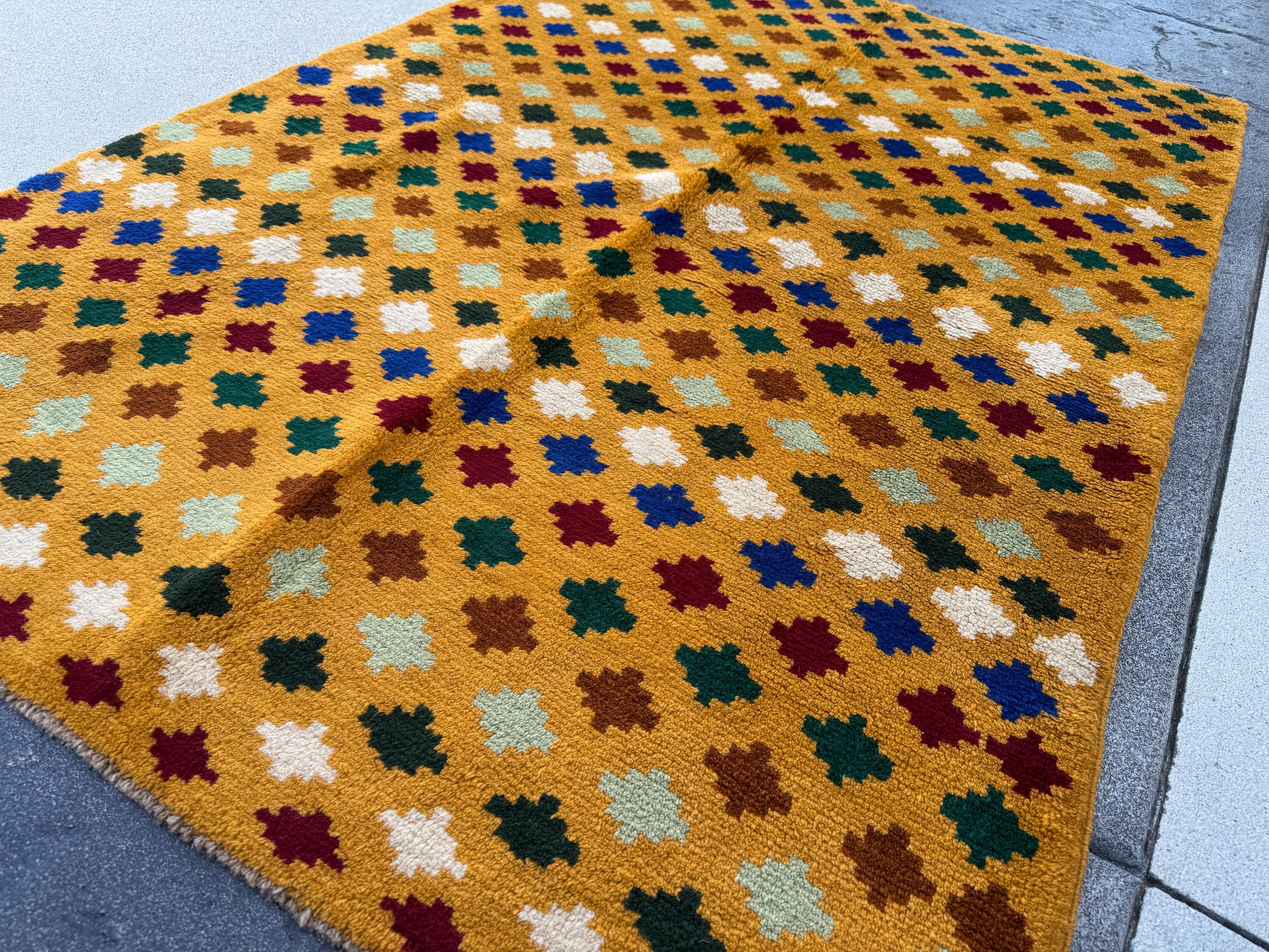 4x6 Handmade Vintage Afghan Baluch Rug | Mustard Yellow Gold White Navy Blue Brick Red Forest Pine Mint Green Chocolate Copper Brown | Wool