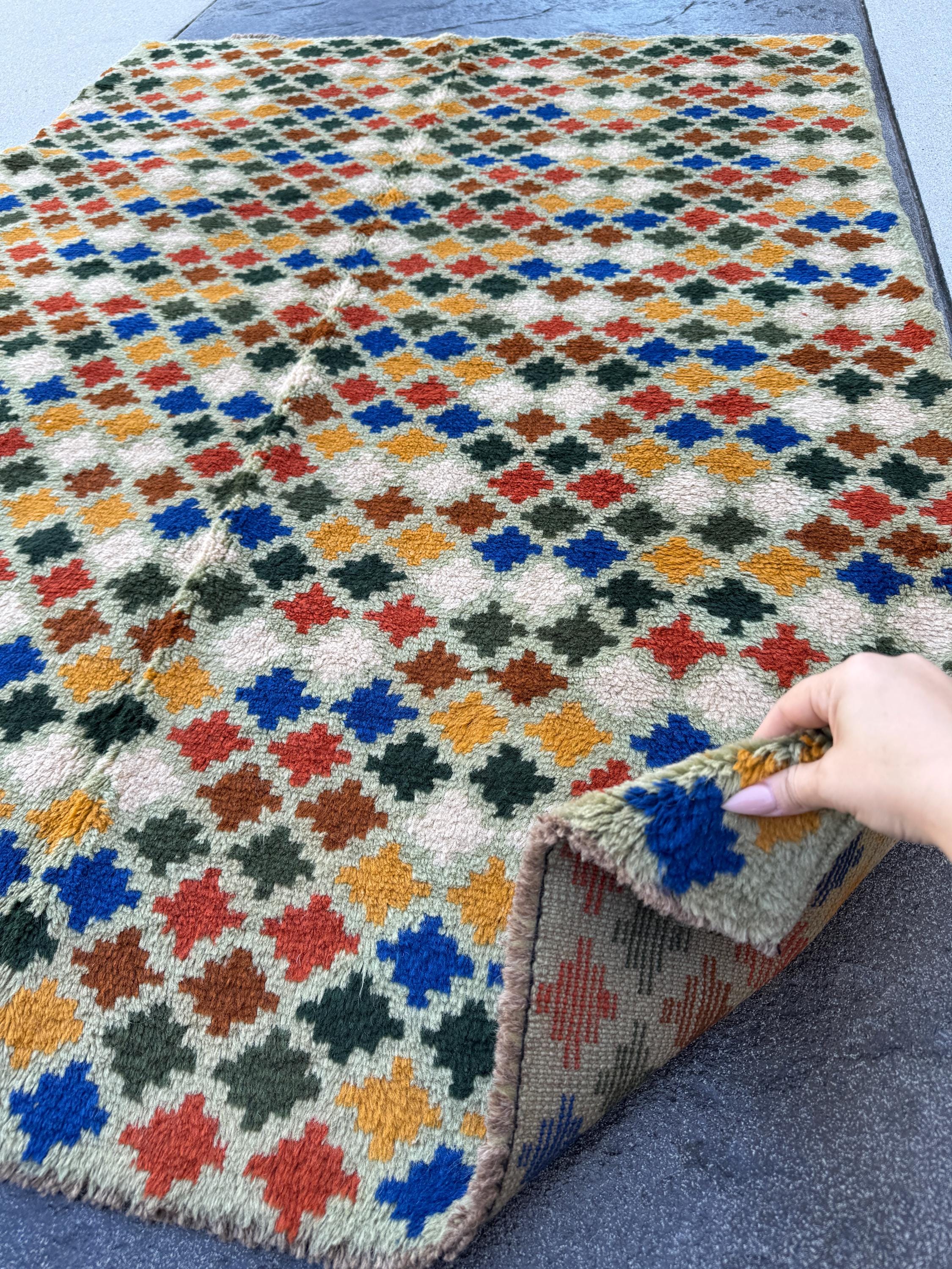4x6 Handmade Vintage Afghan Baluch Rug | Mint FOrest Pine Green Copper Brown White Burnt Orange Navy Blue Mustard Yellow Gold | Flatwoven