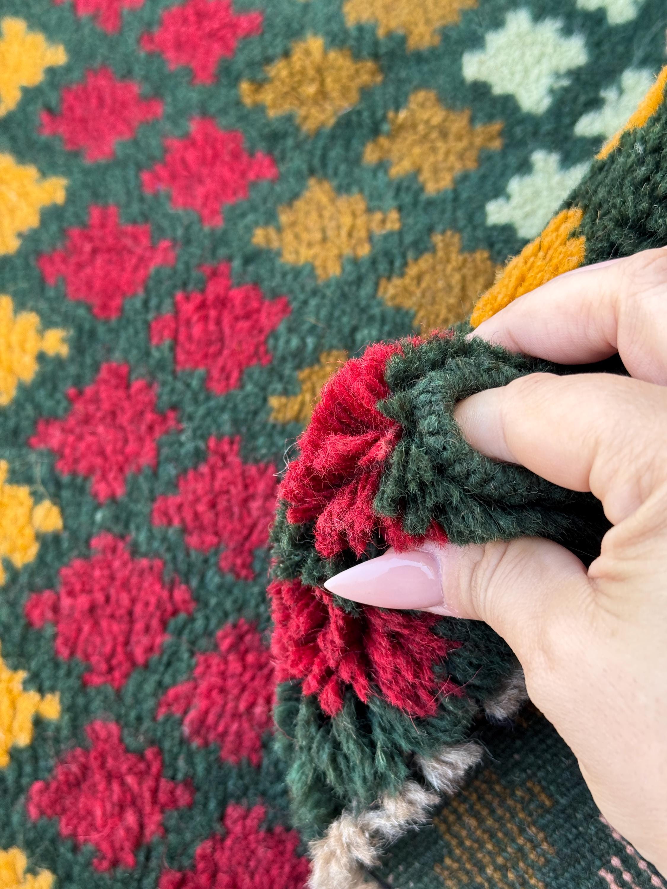 4x6 Handmade Vintage Afghan Baluch Rug | Pine Forest Olive Mint Green Brick Red White Mustard Yellow Gold Salmon Pink Peach Brick Red | Wool