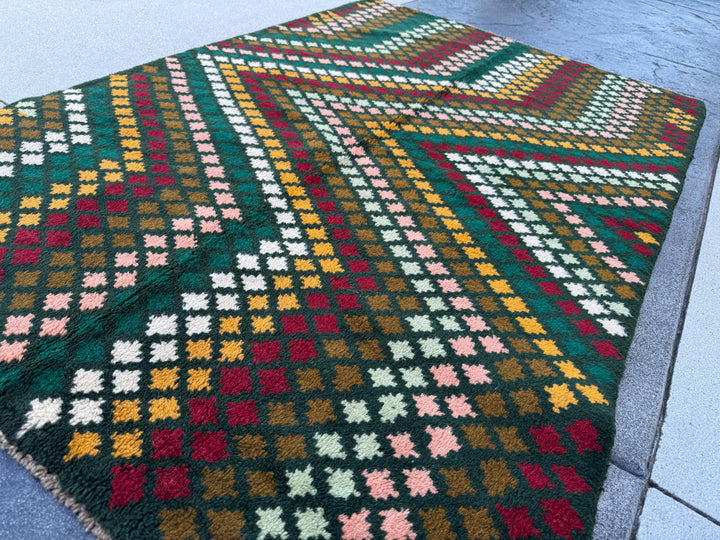 4x6 Handmade Vintage Afghan Baluch Rug | Pine Forest Olive Mint Green Brick Red White Mustard Yellow Gold Salmon Pink Peach Brick Red | Wool
