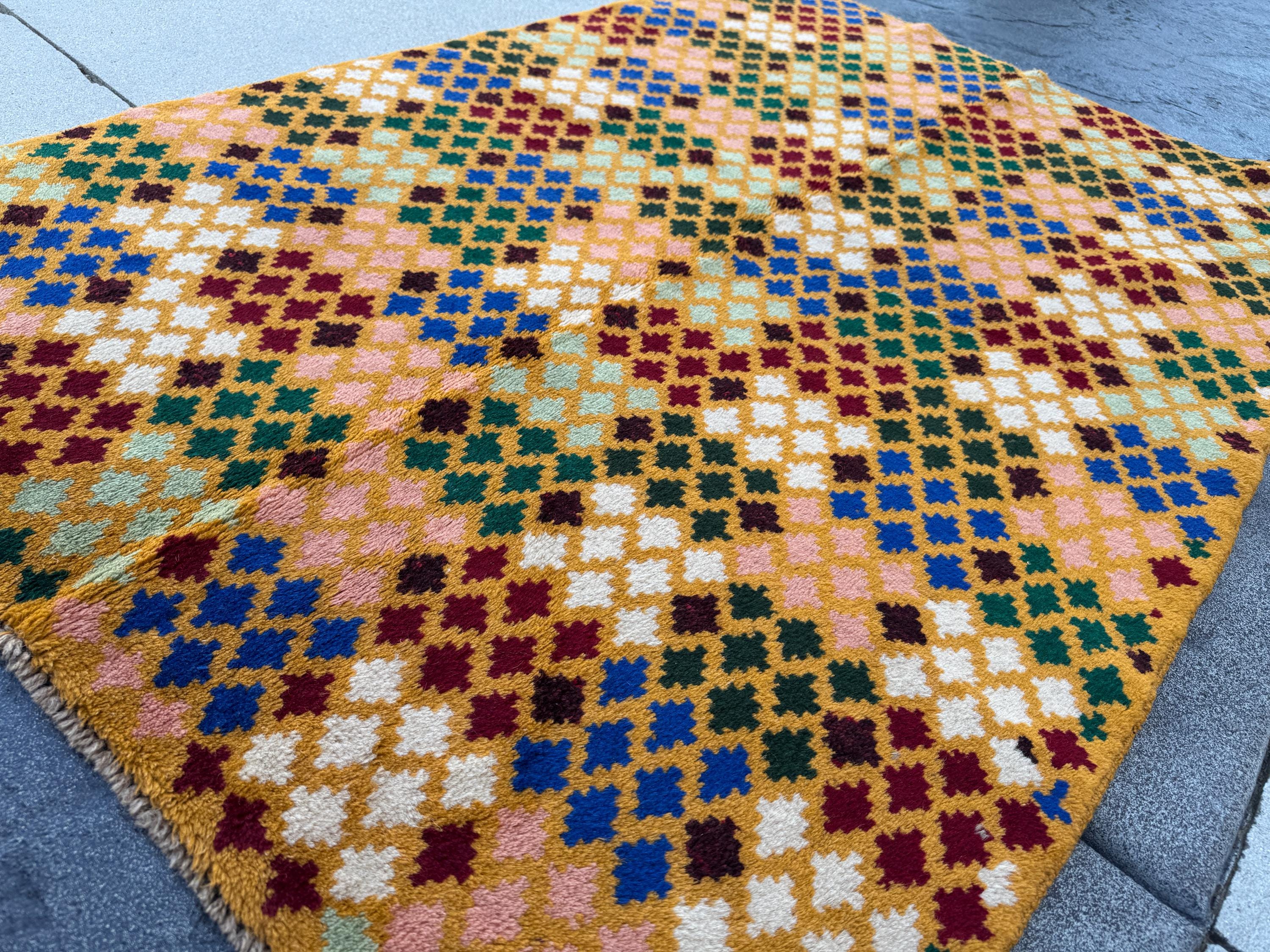 4x6 Handmade Vintage Afghan Baluch Rug | Mustard Yellow Gold Navy Blue Mint Forest Green Brick Red Salmon Pink Peach Maroon White | Wool