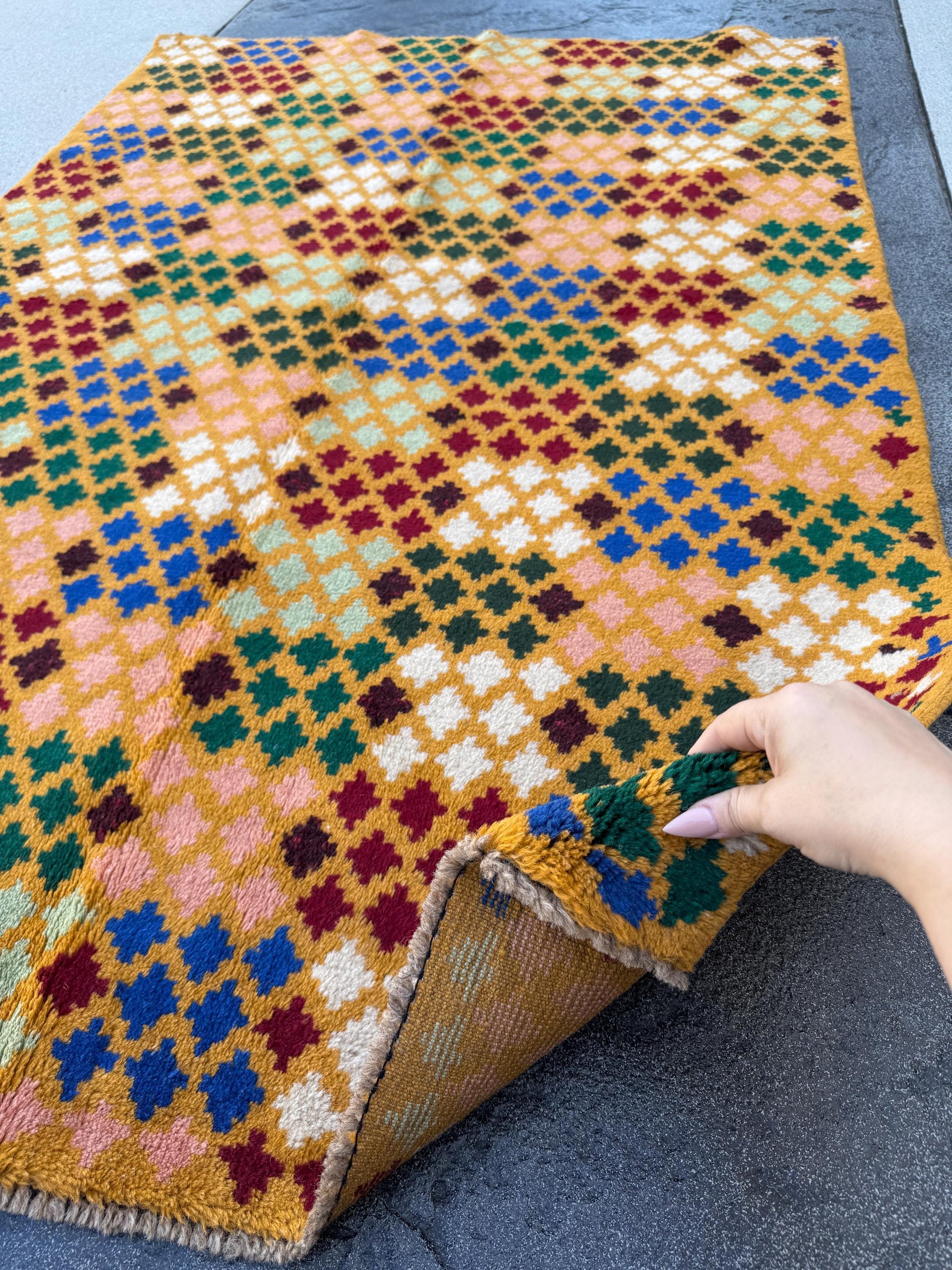 4x6 Handmade Vintage Afghan Baluch Rug | Mustard Yellow Gold Navy Blue Mint Forest Green Brick Red Salmon Pink Peach Maroon White | Wool