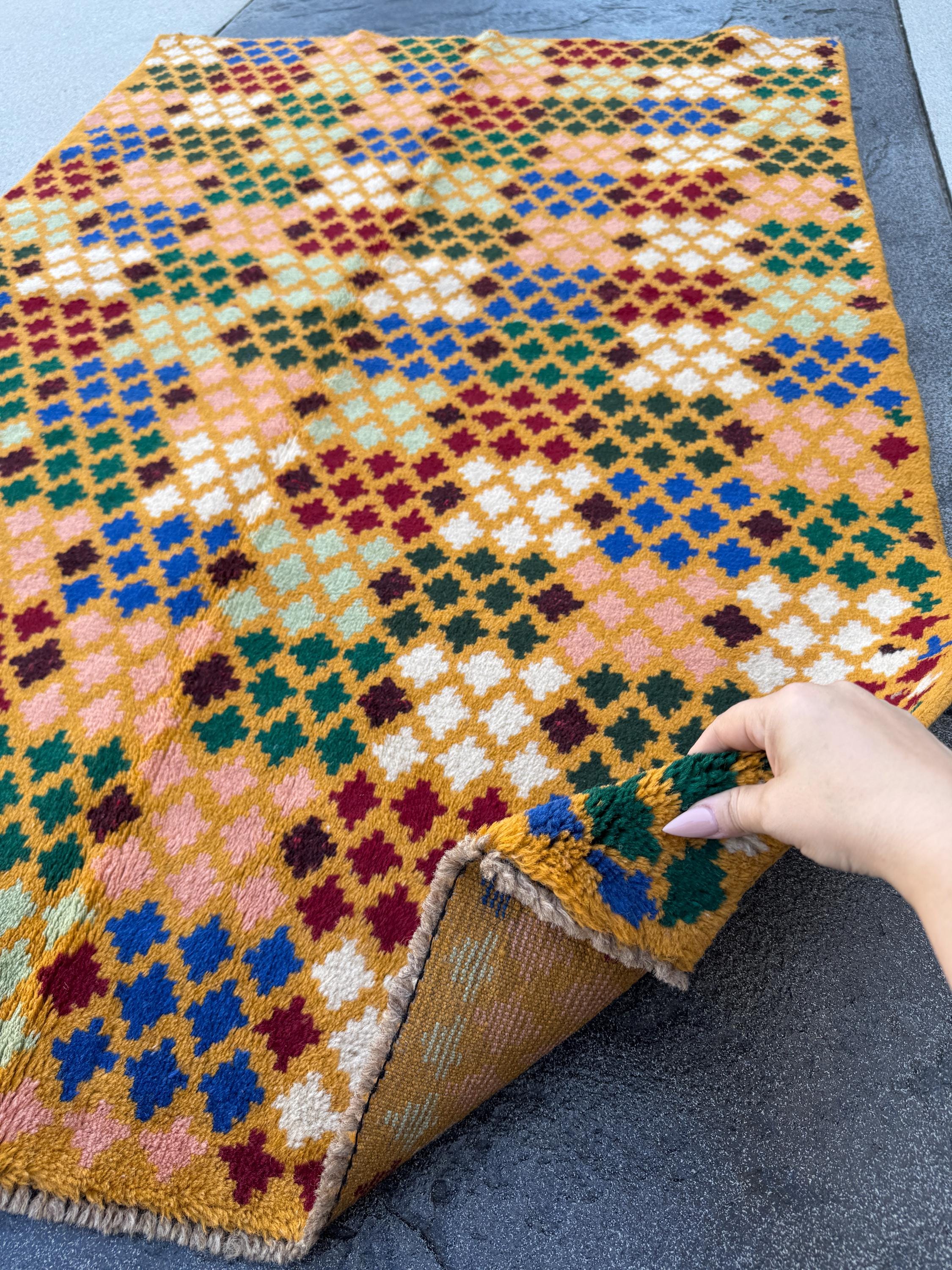 4x6 Handmade Vintage Afghan Baluch Rug | Mustard Yellow Gold Navy Blue Mint Forest Green Brick Red Salmon Pink Peach Maroon White | Wool