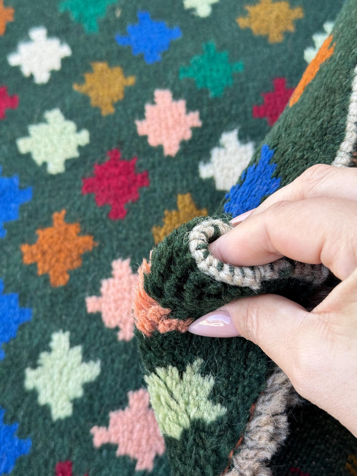 4x6 Handmade Vintage Afghan Baluch Rug | Forest Pine Mint Olive Green Navy Blue Salmon Pink Peach White Brick Red Copper Brown | Wool