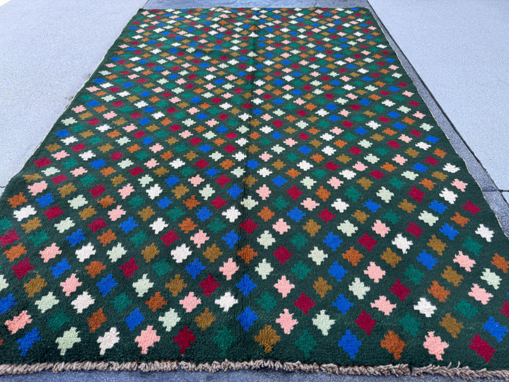 4x6 Handmade Vintage Afghan Baluch Rug | Forest Pine Mint Olive Green Navy Blue Salmon Pink Peach White Brick Red Copper Brown | Wool