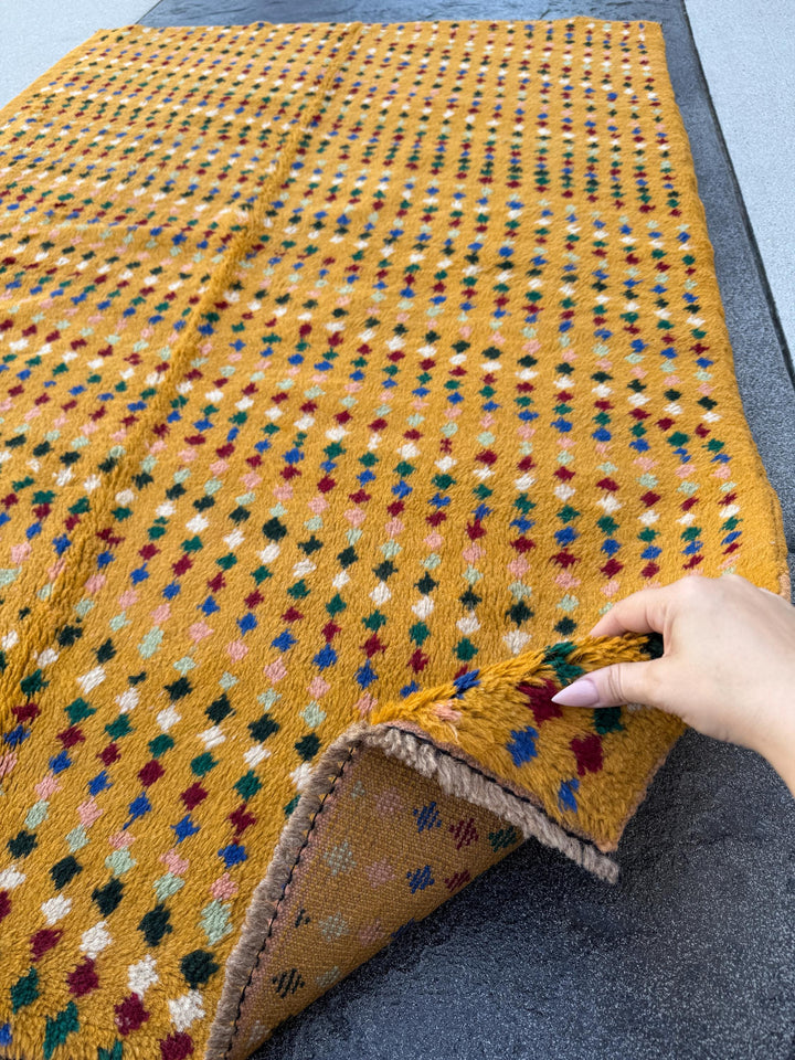4x6 Handmade Vintage Afghan Baluch Rug | Mustard Yellow Gold Navy Blue Forest Mint Green White Brick Red Black Salmon Pink Peach | Wool