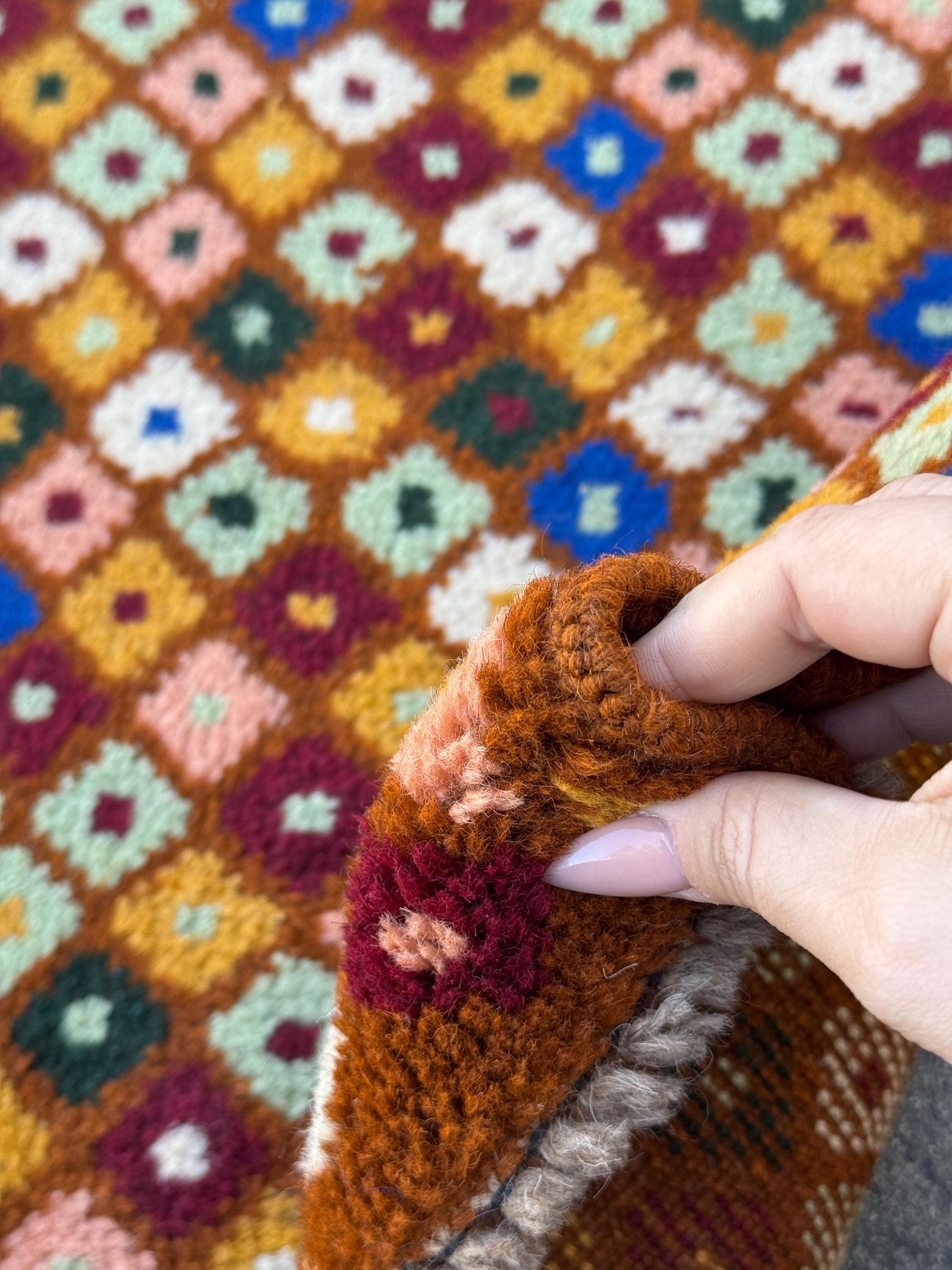 4x6 Handmade Vintage Afghan Baluch Rug | Chocolate Brown Brick Red White Pine Mint Green Salmon Pink Peach Mustard Yellow Gold Navy Blue