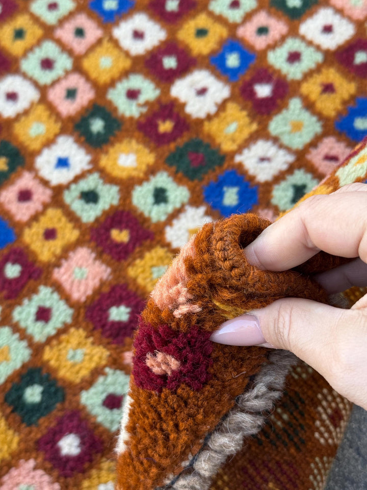 4x6 Handmade Vintage Afghan Baluch Rug | Chocolate Brown Brick Red White Pine Mint Green Salmon Pink Peach Mustard Yellow Gold Navy Blue