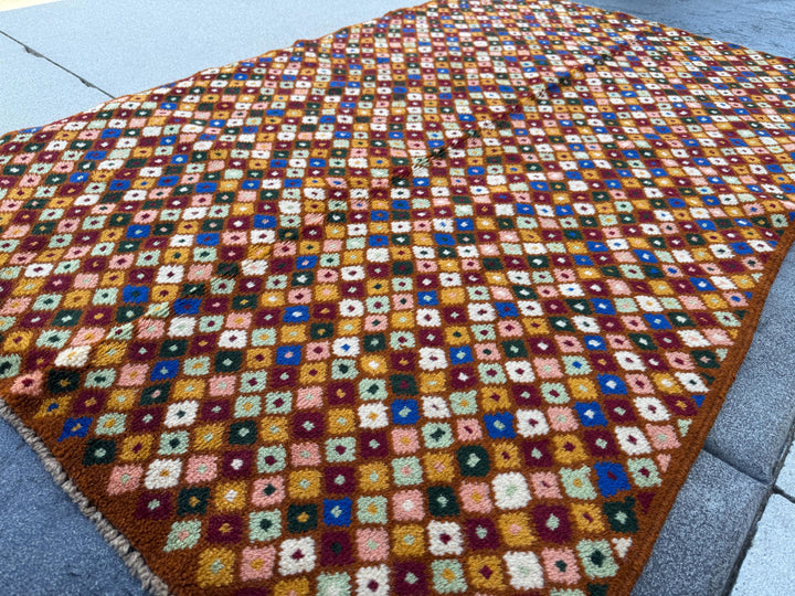 4x6 Handmade Vintage Afghan Baluch Rug | Chocolate Brown Brick Red White Pine Mint Green Salmon Pink Peach Mustard Yellow Gold Navy Blue
