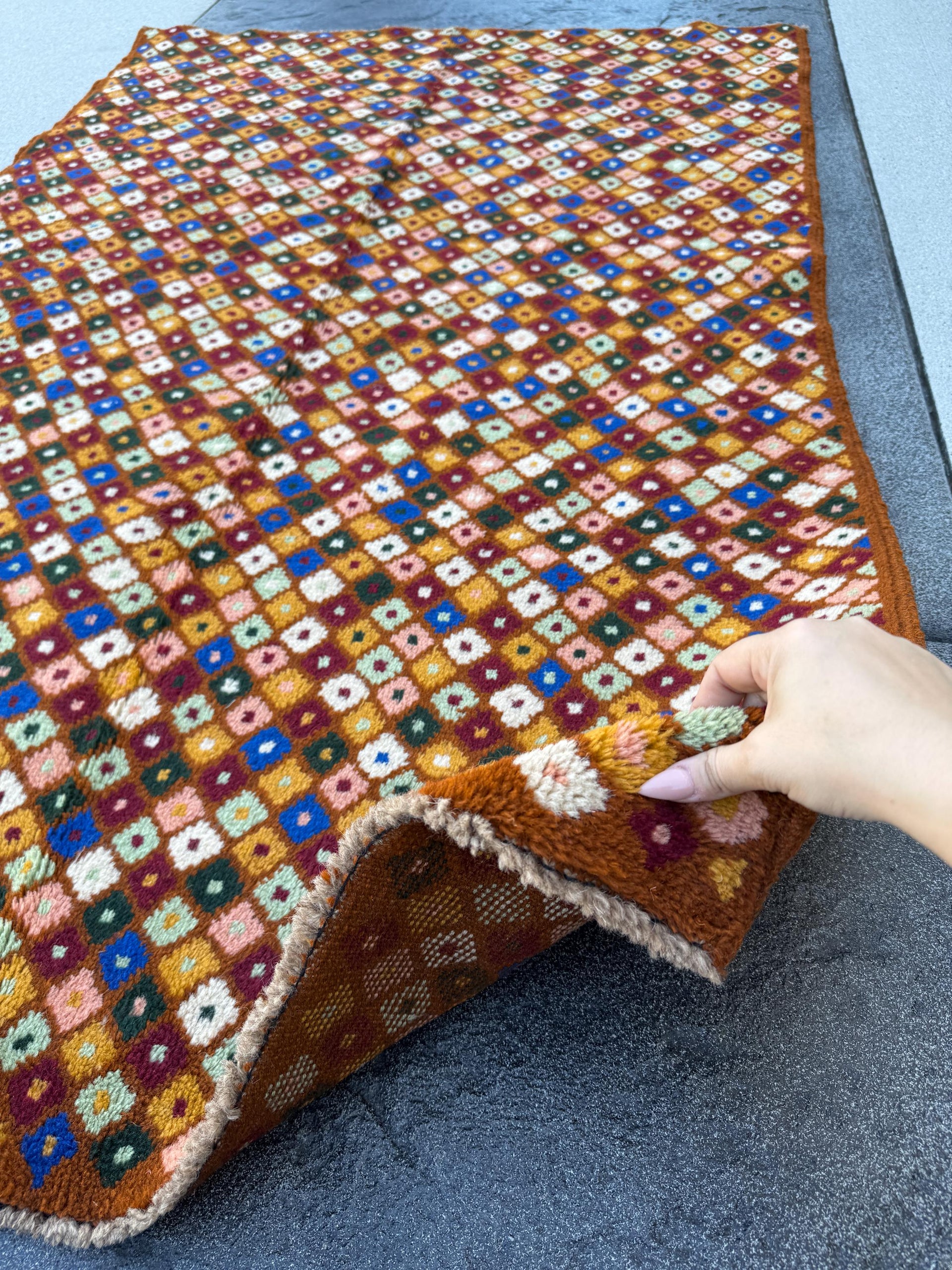4x6 Handmade Vintage Afghan Baluch Rug | Chocolate Brown Brick Red White Pine Mint Green Salmon Pink Peach Mustard Yellow Gold Navy Blue