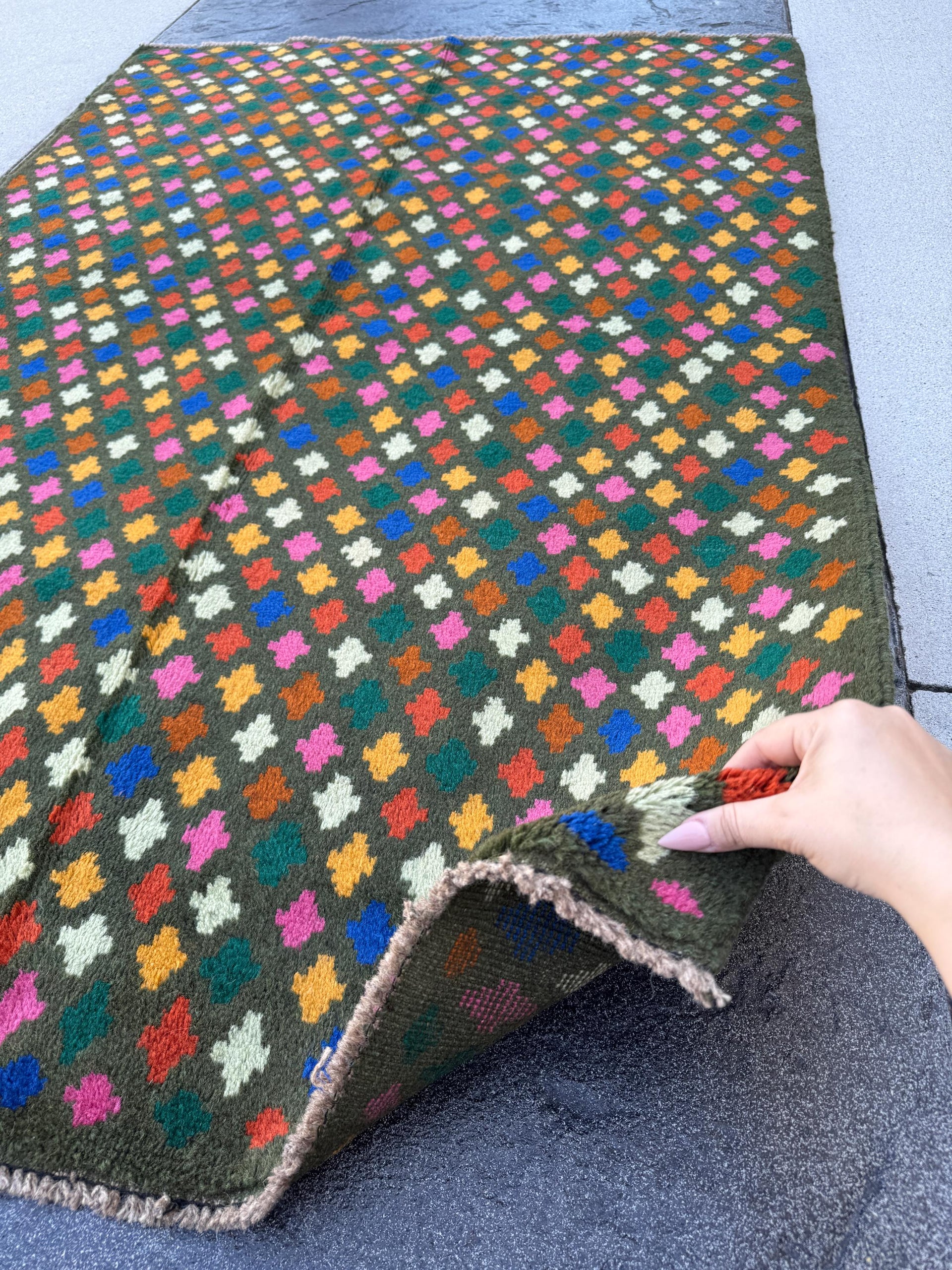 4x6 Handmade Vintage Afghan Baluch Rug | Pine Forest Mint Green Burnt Orange Copper Brown Navy Blue Rose Pink Mustard Yellow Gold | Wool