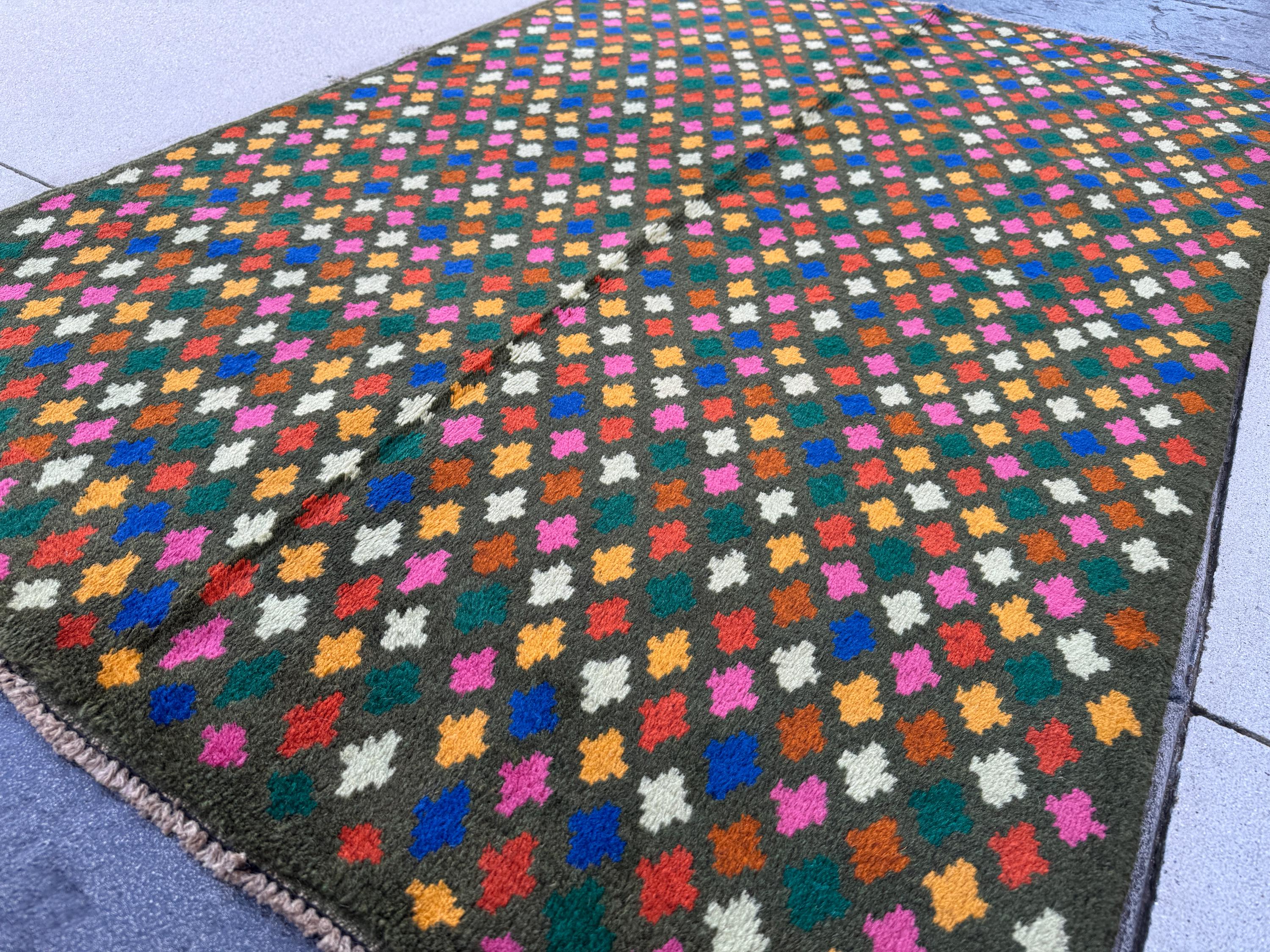 4x6 Handmade Vintage Afghan Baluch Rug | Pine Forest Mint Green Burnt Orange Copper Brown Navy Blue Rose Pink Mustard Yellow Gold | Wool