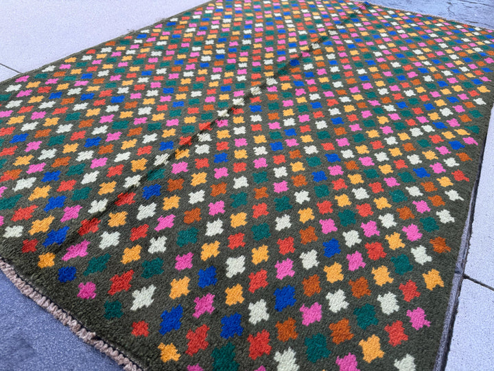 4x6 Handmade Vintage Afghan Baluch Rug | Pine Forest Mint Green Burnt Orange Copper Brown Navy Blue Rose Pink Mustard Yellow Gold | Wool