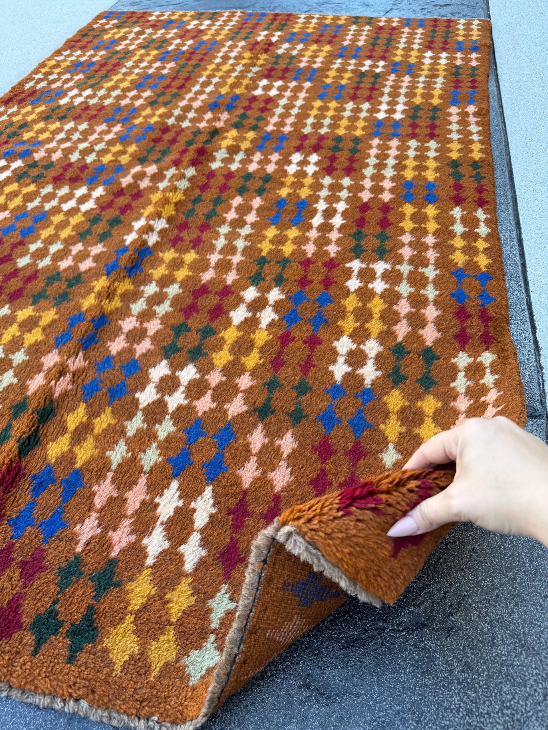 4x6 Handmade Vintage Afghan Baluch Rug | Chocolate Brown Brick Red Cream White Forest Mint Green Salmon Pink Peach Mustard Gold Navy Blue