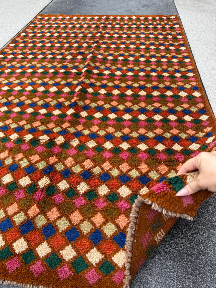 4x6 Handmade Vintage Afghan Baluch Rug | Chocolate Brown Rose Salmon Pink Peach Forest Olive Green Cream White Navy Blue Burnt Orange | Wool