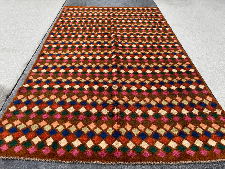 4x6 Handmade Vintage Afghan Baluch Rug | Chocolate Brown Rose Salmon Pink Peach Forest Olive Green Cream White Navy Blue Burnt Orange | Wool