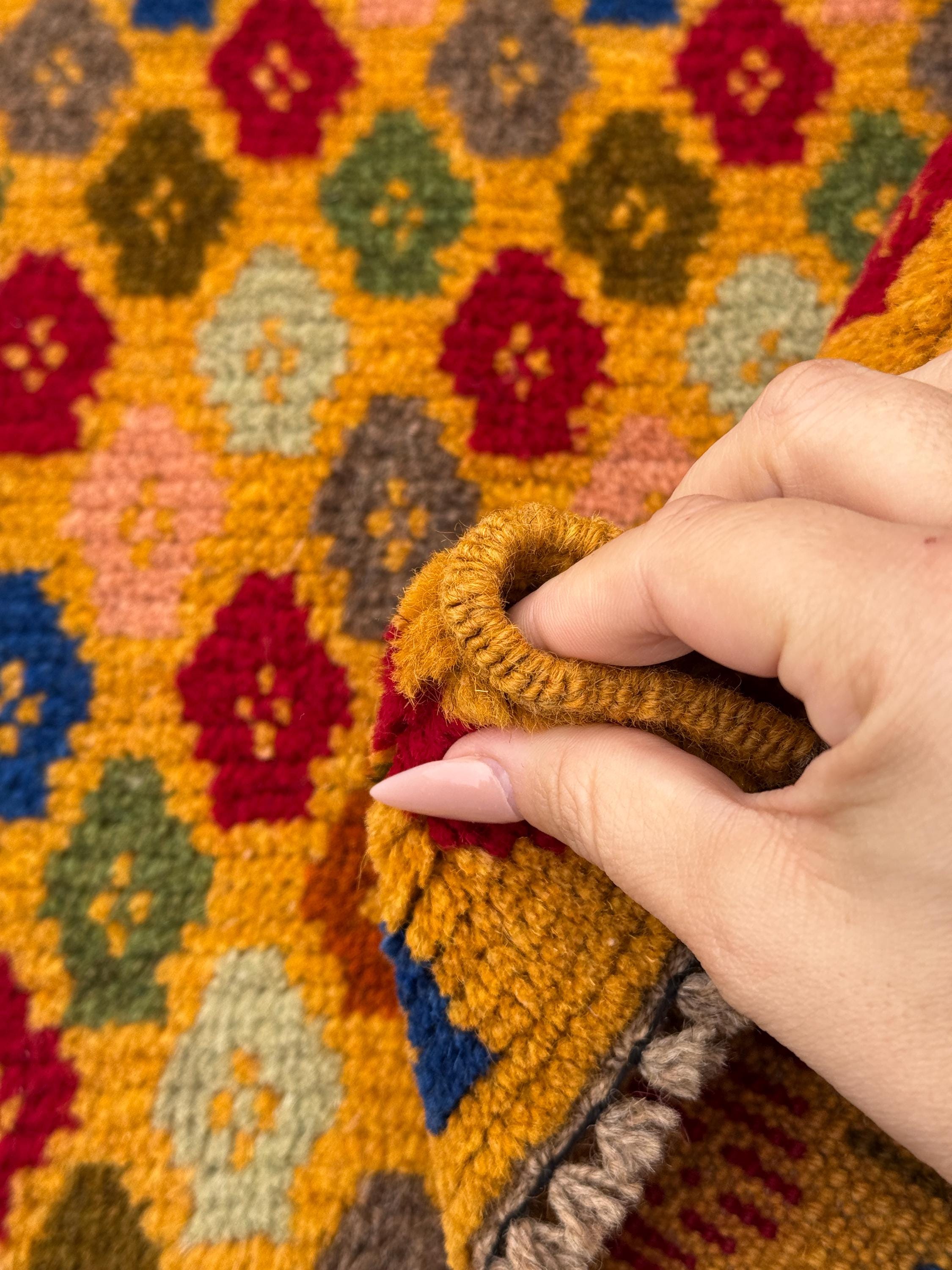 4x6 Handmade Vintage Afghan Baluch Rug | Mustard Yellow Gold Olive Mint Green Brick Red Salmon Pink Peach Burnt Orange Navy Blue | Wool