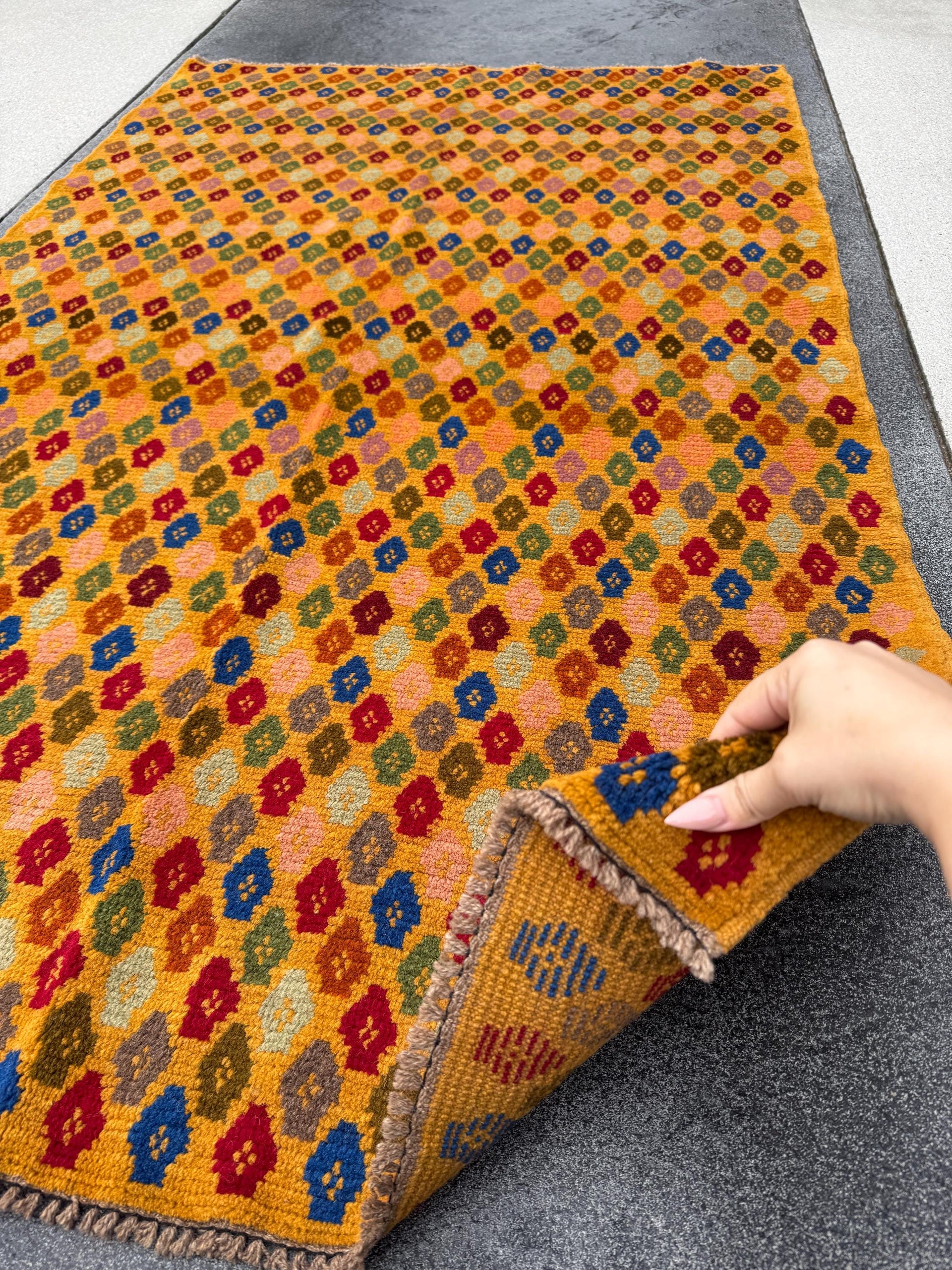 4x6 Handmade Vintage Afghan Baluch Rug | Mustard Yellow Gold Olive Mint Green Brick Red Salmon Pink Peach Burnt Orange Navy Blue | Wool