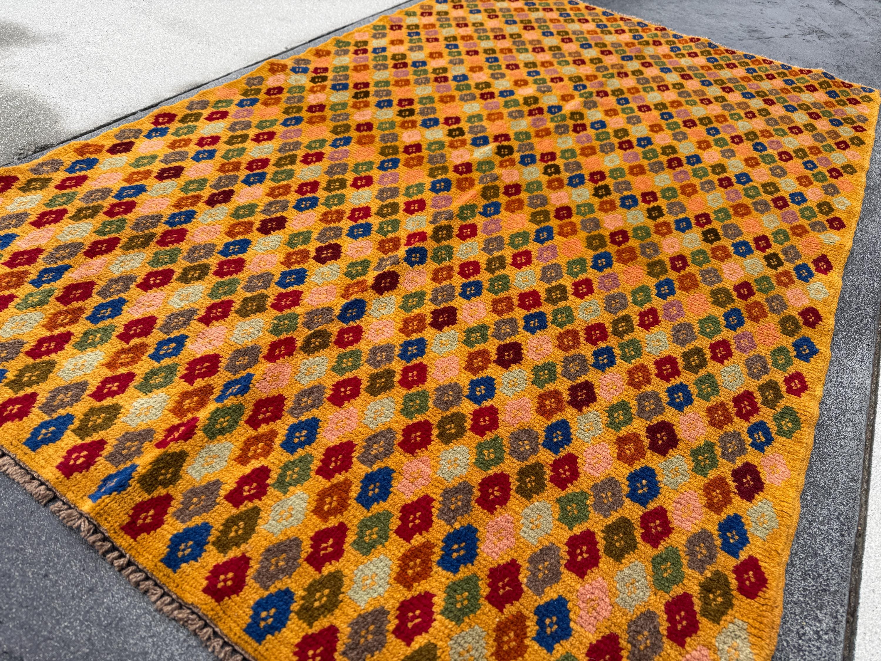 4x6 Handmade Vintage Afghan Baluch Rug | Mustard Yellow Gold Olive Mint Green Brick Red Salmon Pink Peach Burnt Orange Navy Blue | Wool
