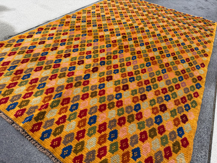 4x6 Handmade Vintage Afghan Baluch Rug | Mustard Yellow Gold Olive Mint Green Brick Red Salmon Pink Peach Burnt Orange Navy Blue | Wool