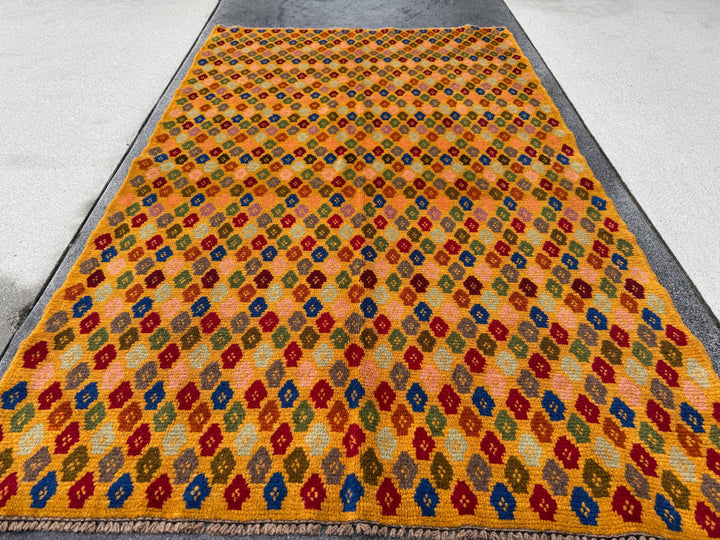4x6 Handmade Vintage Afghan Baluch Rug | Mustard Yellow Gold Olive Mint Green Brick Red Salmon Pink Peach Burnt Orange Navy Blue | Wool