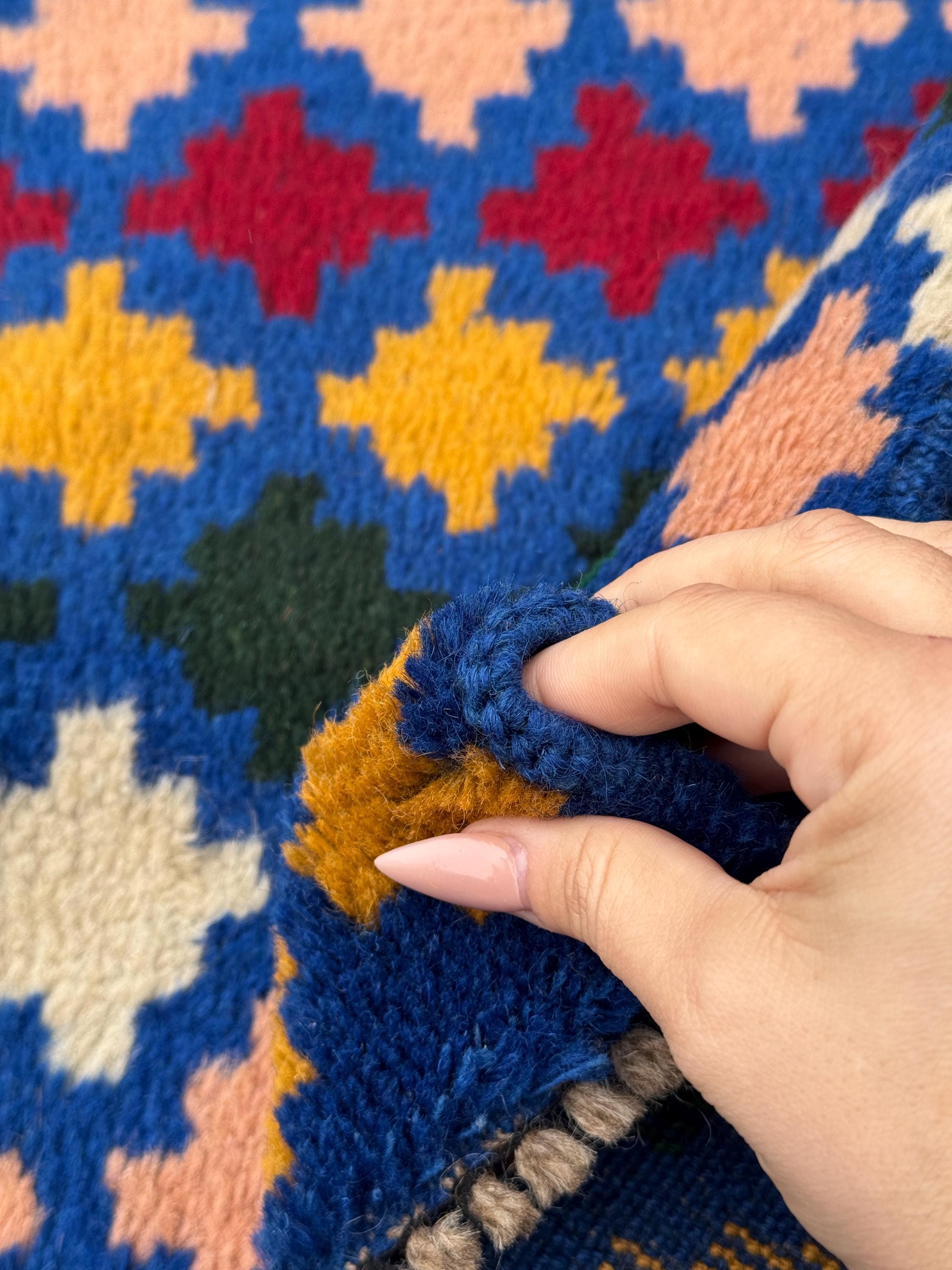 4x6 Handmade Vintage Afghan Baluch Rug | Navy Blue Forest Pine Olive Green Mustard Yellow Gold Brick Red White Salmon Pink Peach | Wool