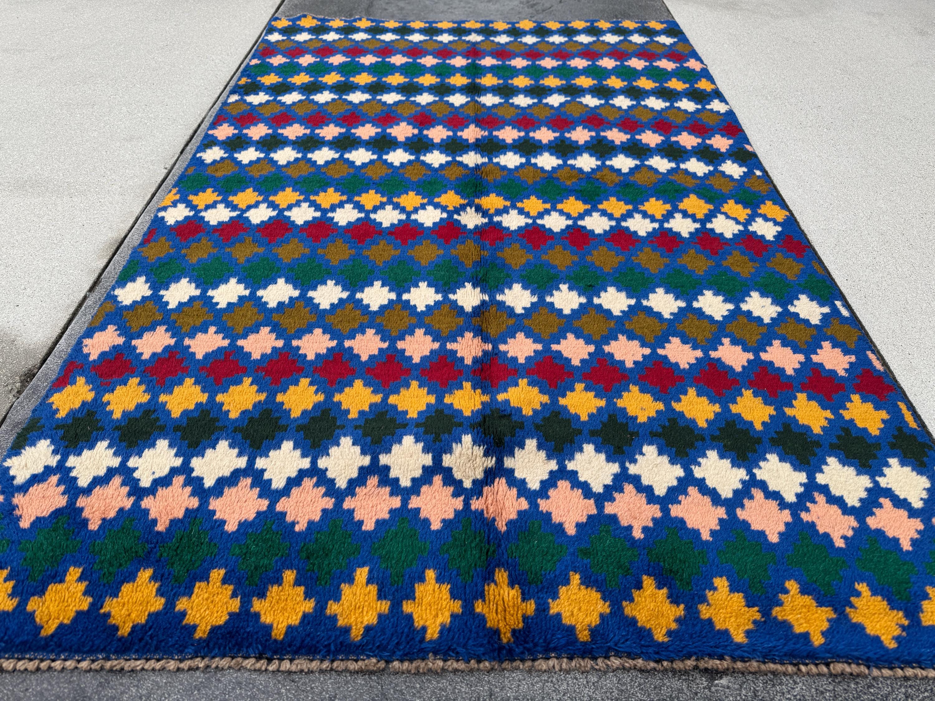 4x6 Handmade Vintage Afghan Baluch Rug | Navy Blue Forest Pine Olive Green Mustard Yellow Gold Brick Red White Salmon Pink Peach | Wool