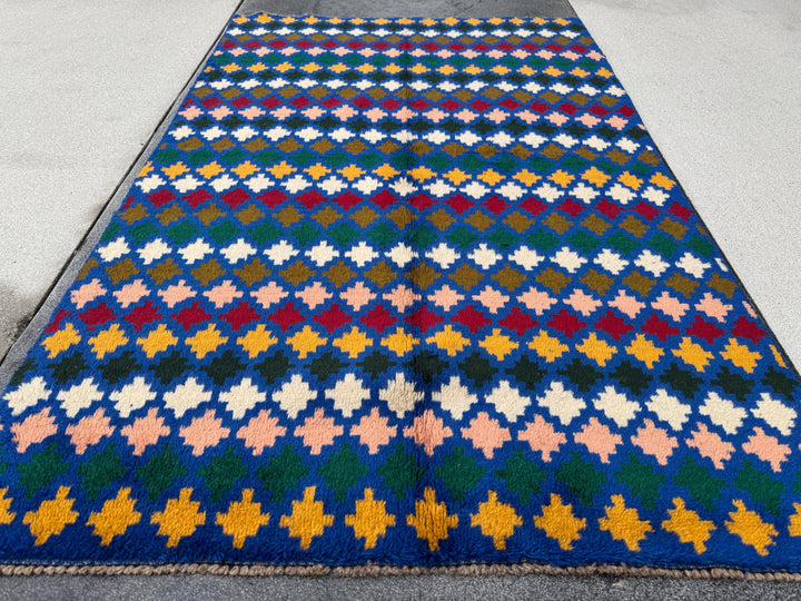 4x6 Handmade Vintage Afghan Baluch Rug | Navy Blue Forest Pine Olive Green Mustard Yellow Gold Brick Red White Salmon Pink Peach | Wool