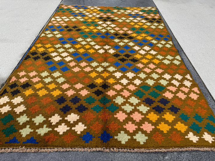 4x6 Handmade Vintage Afghan Baluch Rug | Chocolate Brown Forest Mint Green Black Salmon Pink Peach White Burnt Orange MUstard Yellow Gold