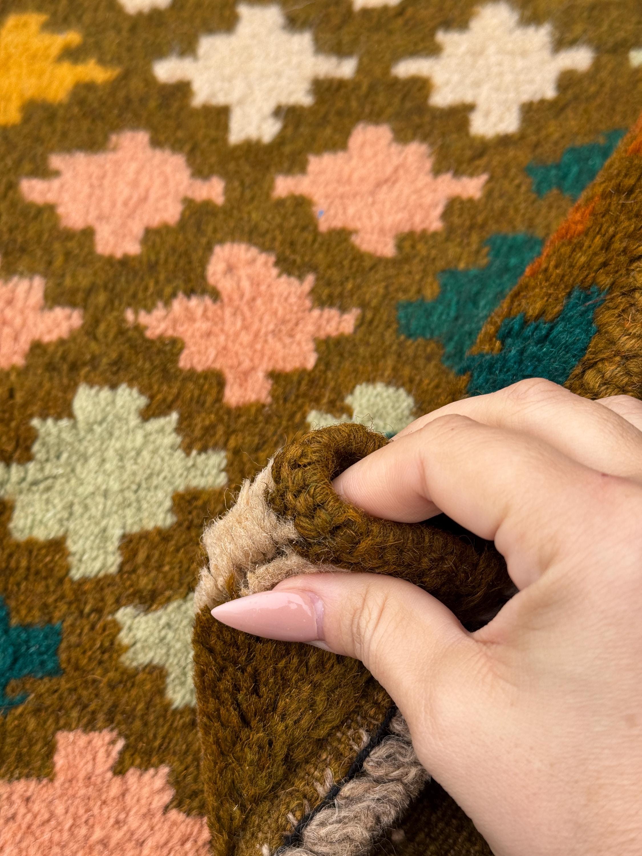 4x6 Handmade Vintage Afghan Baluch Rug | Chocolate Brown Forest Mint Green Black Salmon Pink Peach White Burnt Orange MUstard Yellow Gold