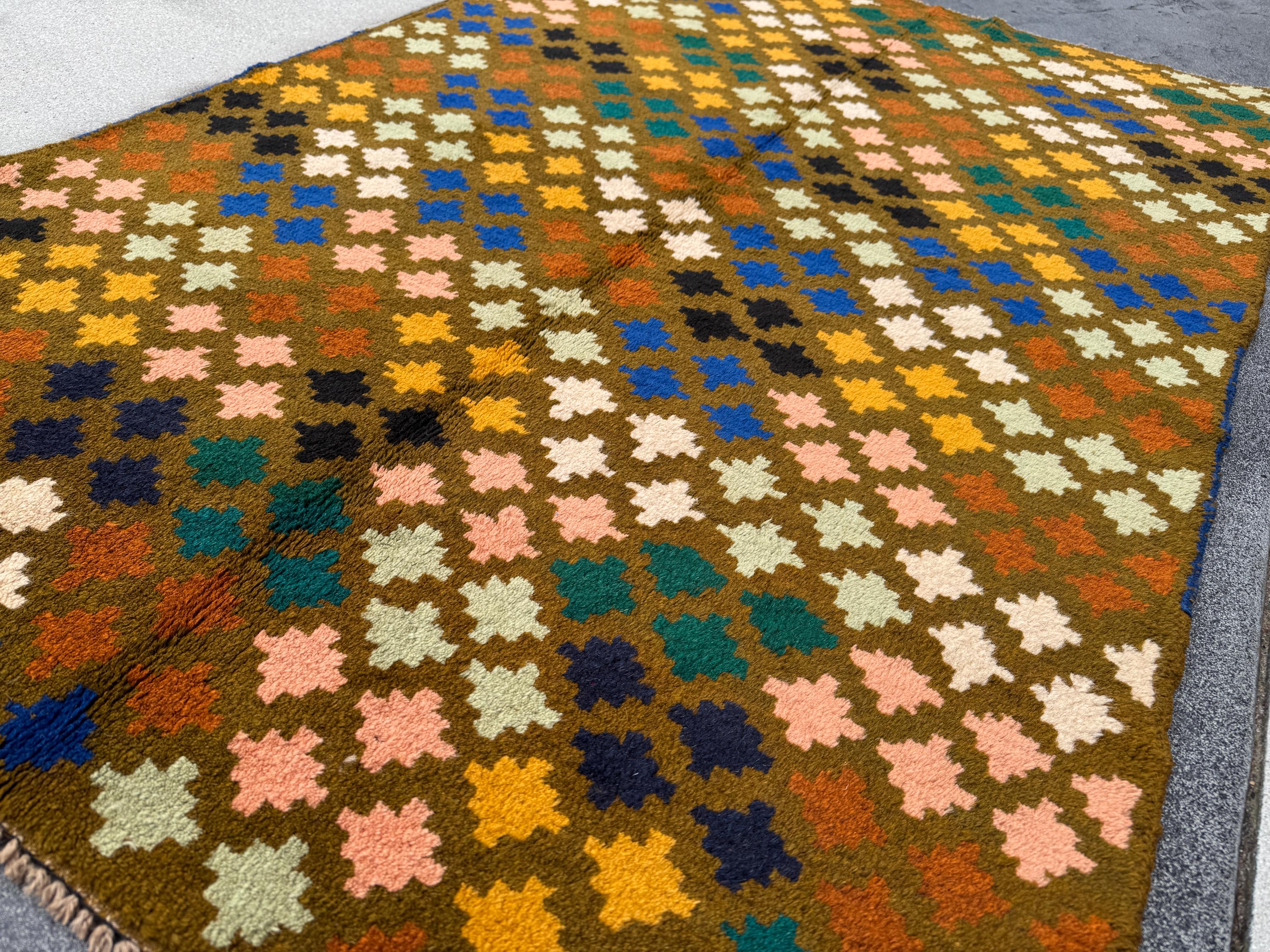 4x6 Handmade Vintage Afghan Baluch Rug | Chocolate Brown Forest Mint Green Black Salmon Pink Peach White Burnt Orange MUstard Yellow Gold