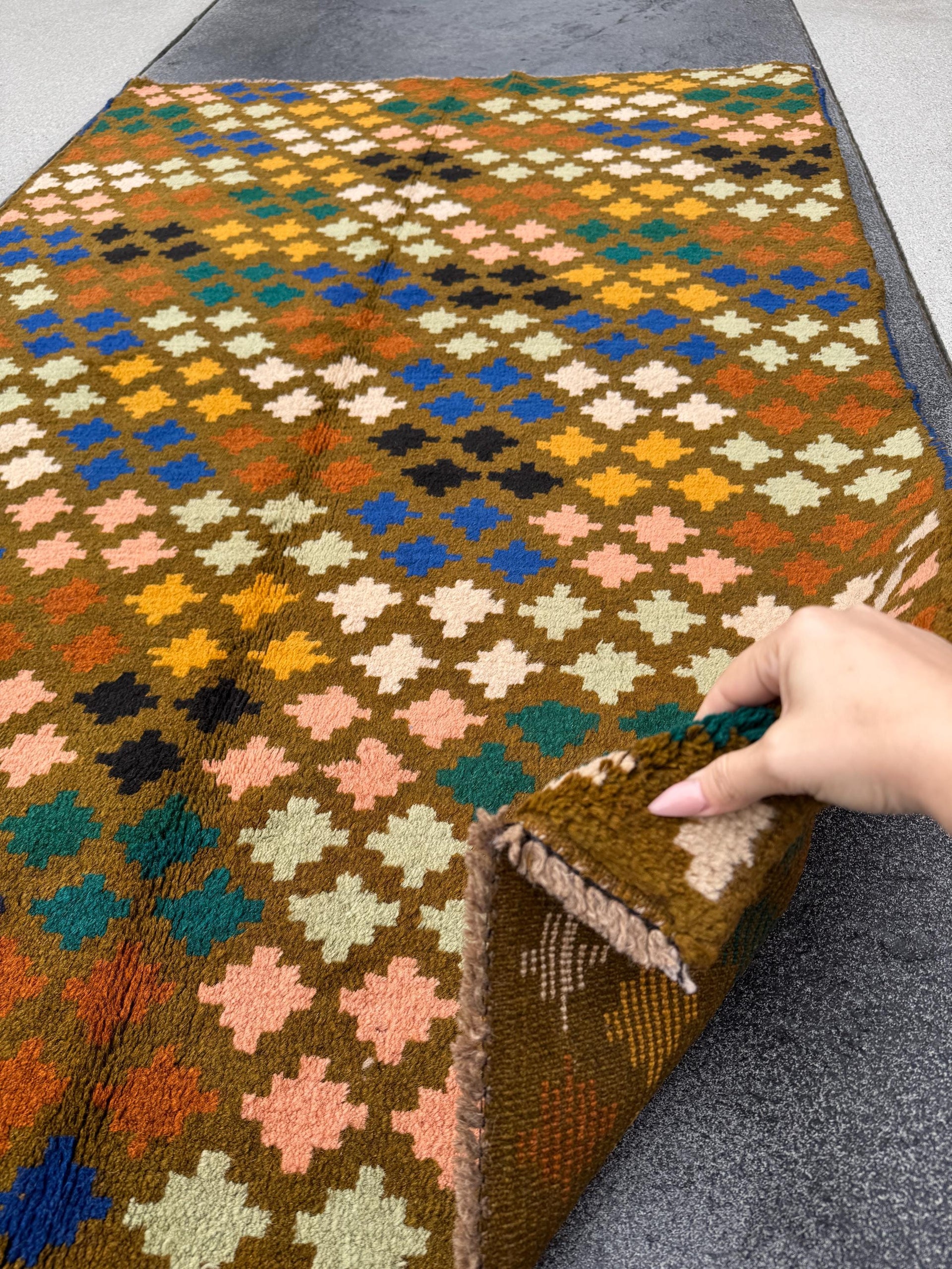4x6 Handmade Vintage Afghan Baluch Rug | Chocolate Brown Forest Mint Green Black Salmon Pink Peach White Burnt Orange MUstard Yellow Gold